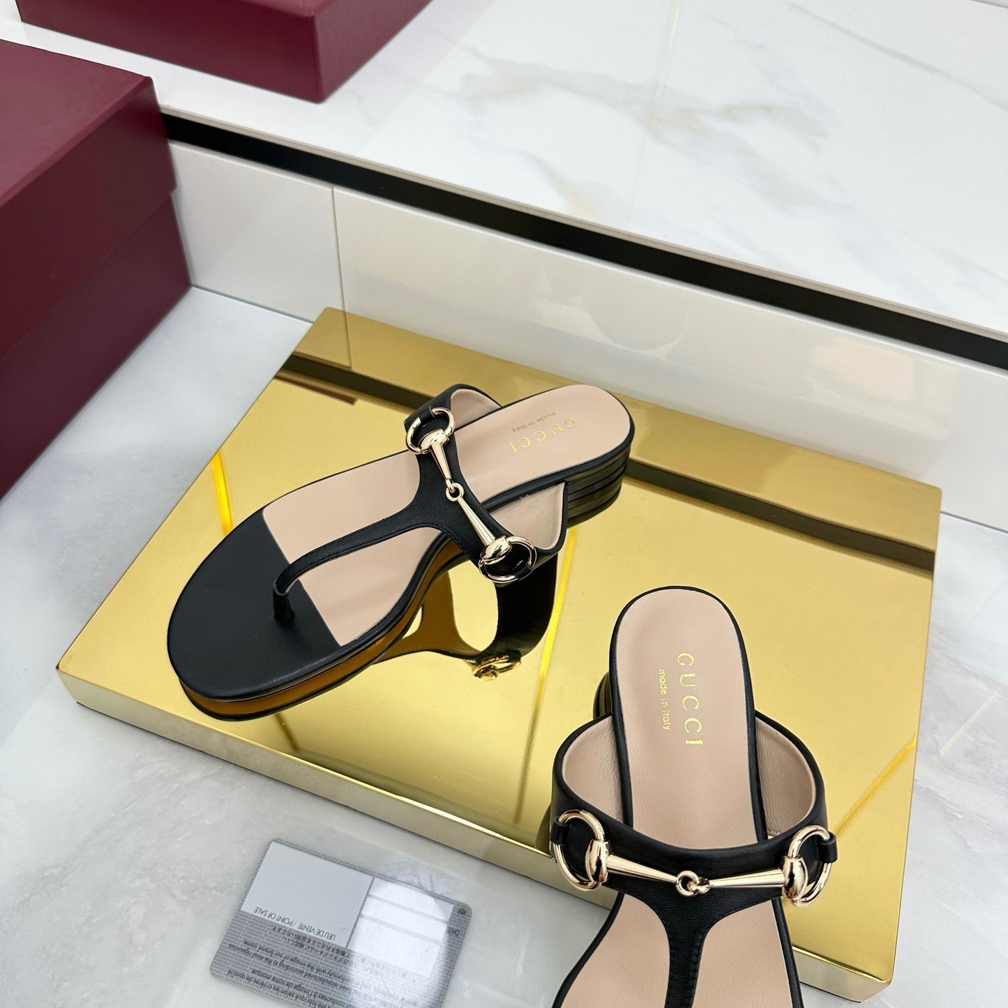 THONG SANDALS IN BLACK LAMBSKIN WITH GOLD HARDWARE - 35