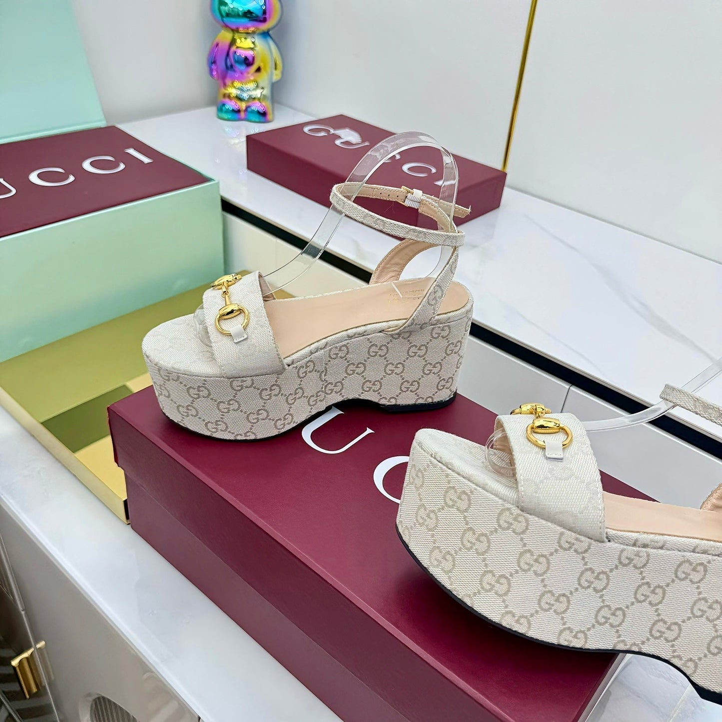 GG WEDGE HEELS IN STONE BEIGE FABRIC AND CALFSKIN WITH GOLD HARDWARE STYLE 5 - 36