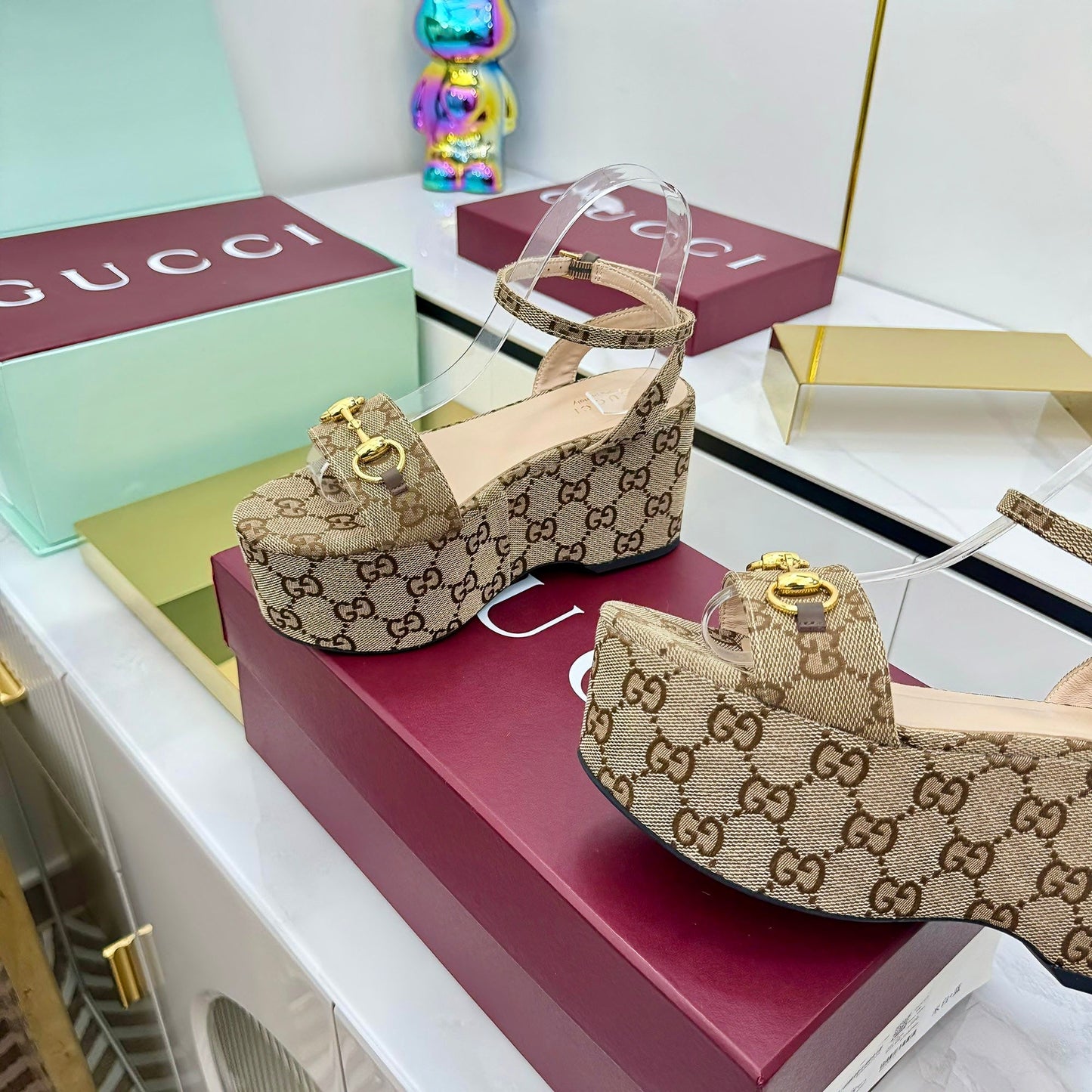 GG WEDGE HEELS IN DARK BEIGE FABRIC AND CALFSKIN WITH GOLD HARDWARE STYLE 3 - 36