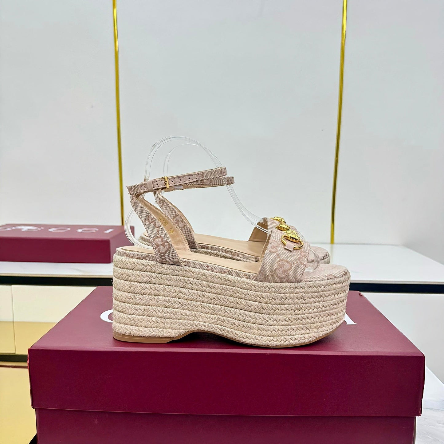 GG HIGH WEDGE SANDALS IN NUDE BEIGE FABRIC AND RAFFIA WITH GOLD HARDWARE - 36