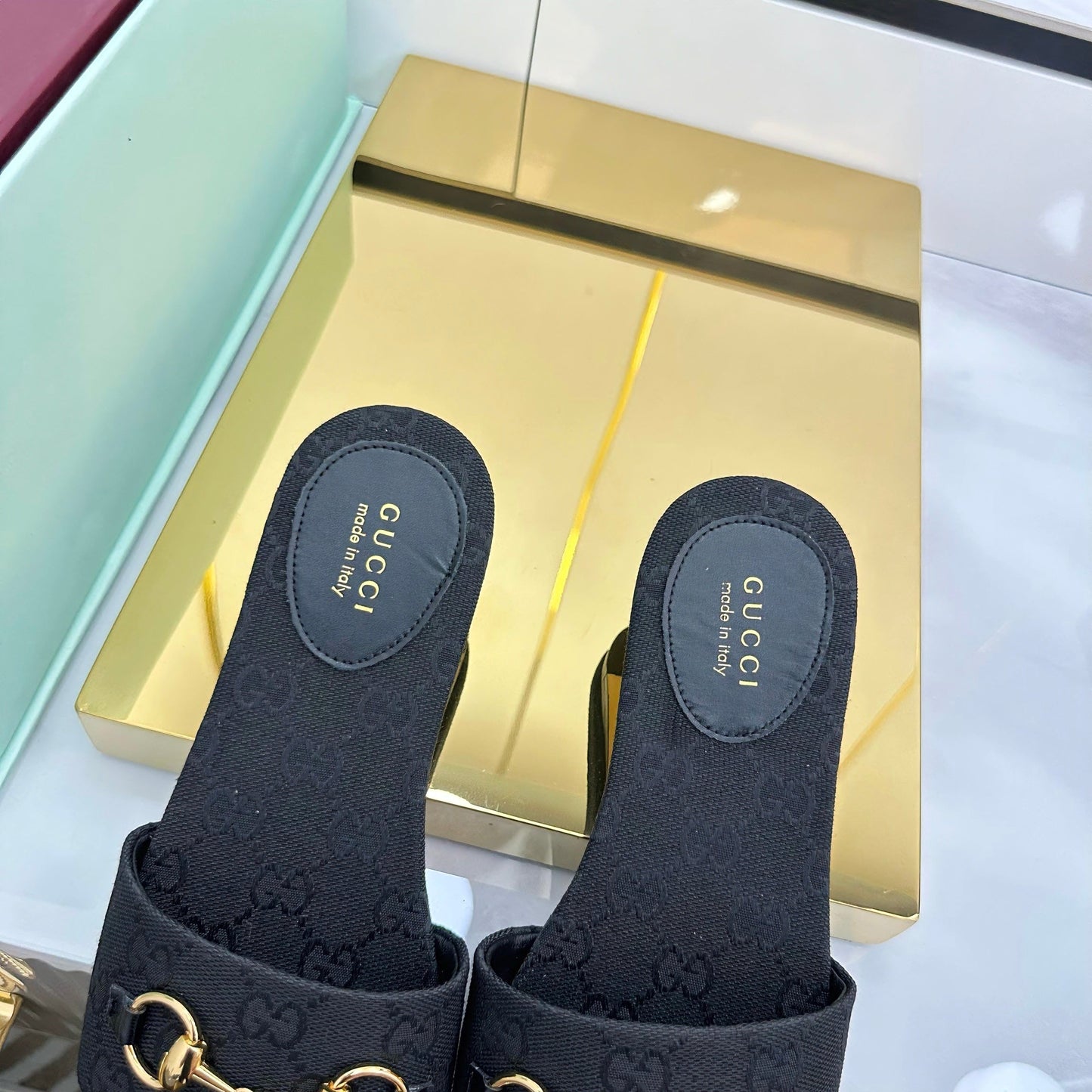 GG SLIDES IN BLACK WITH GOLD HARDWARE - 36