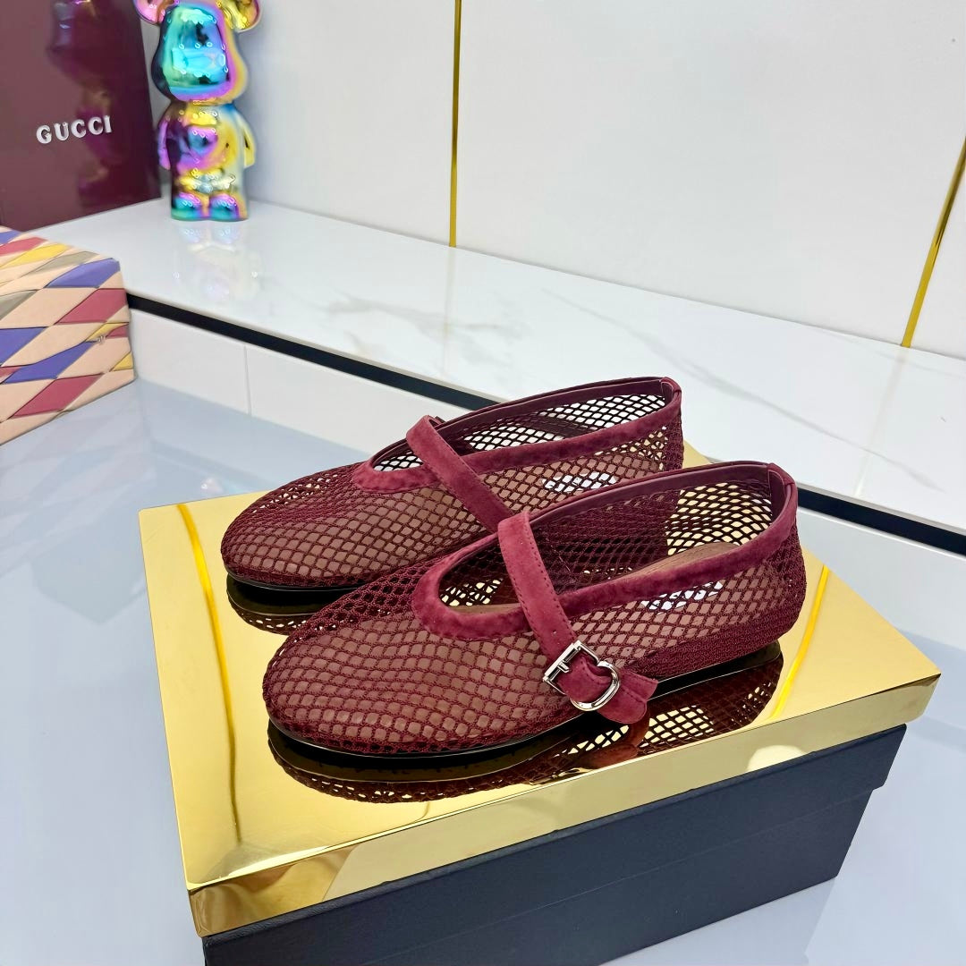 ALAIA MARY JANE FLAT 25S IN DARK RED MESH SUEDE - 35