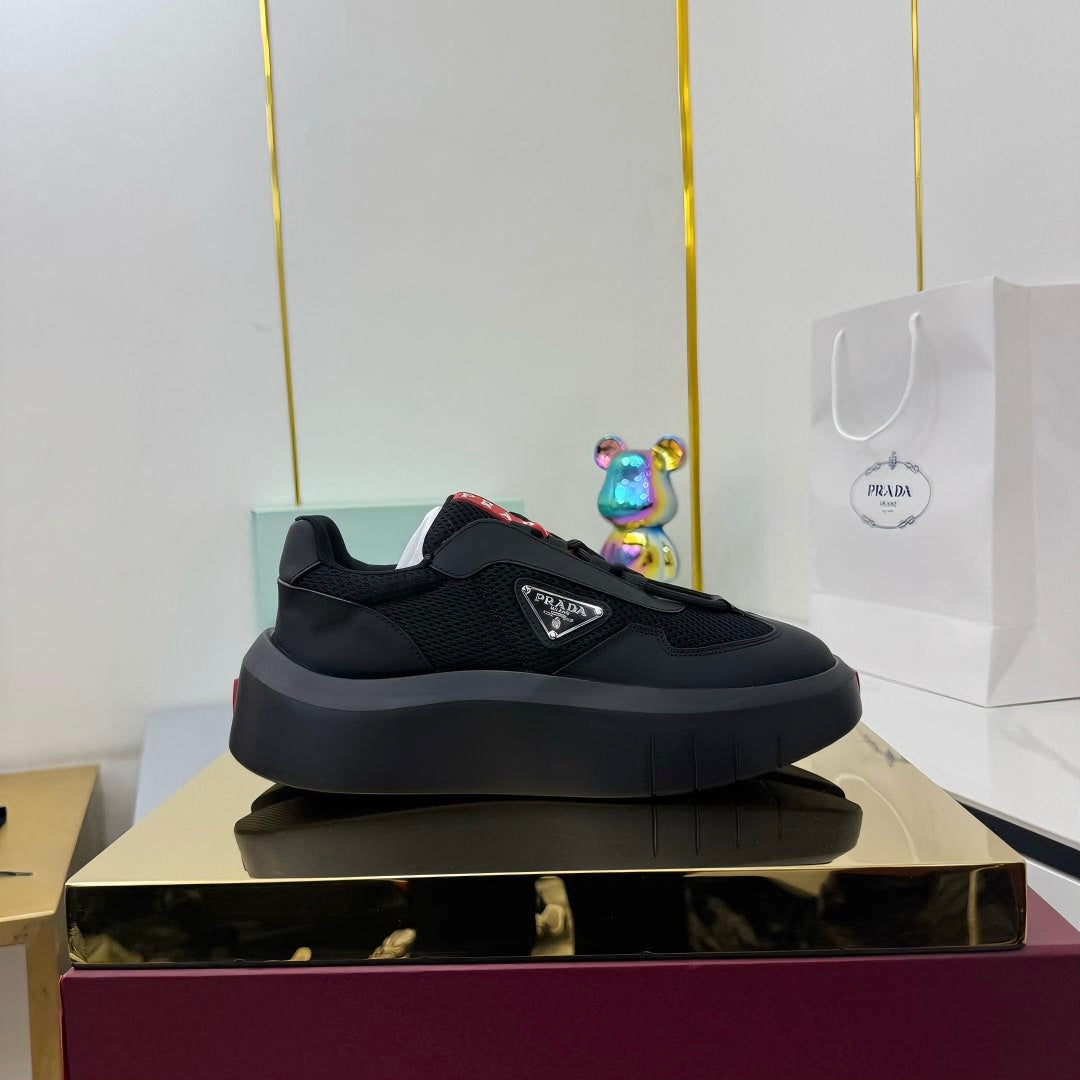 PRADA 25S CROSS LACED SNEAKERS IN BLACK CALFSKIN - 35