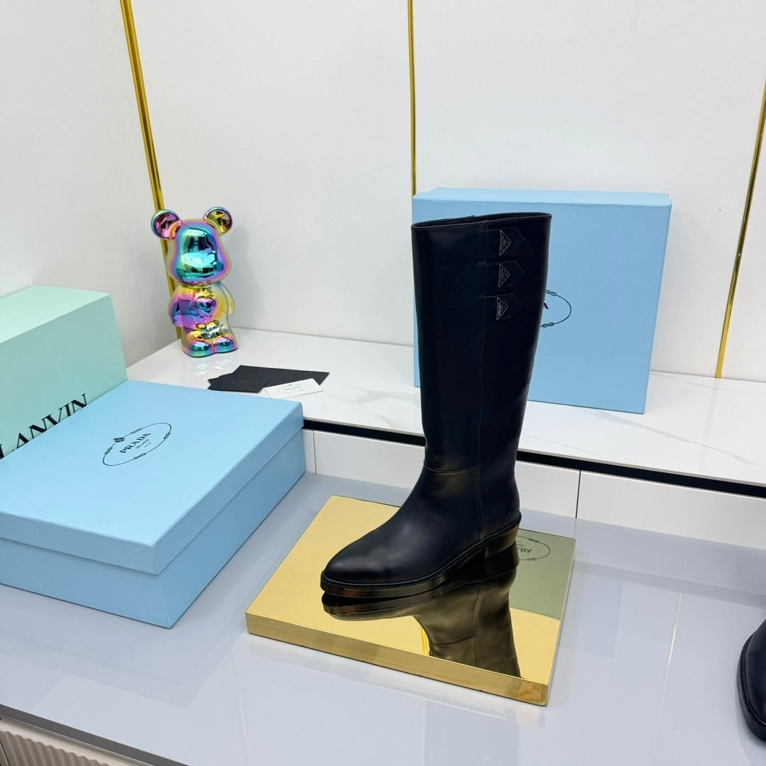 PRADA 25S CHUNKY SOLE TALL BOOTS MARTIN 50MM IN BLACK CALFSKIN - 35