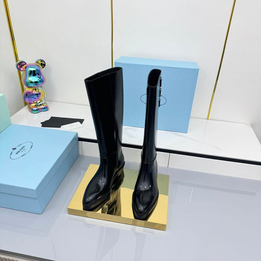 PRADA 25S CHUNKY SOLE TALL BOOTS MARTIN 50MM IN BLACK GLOSSY CALFSKIN - 35