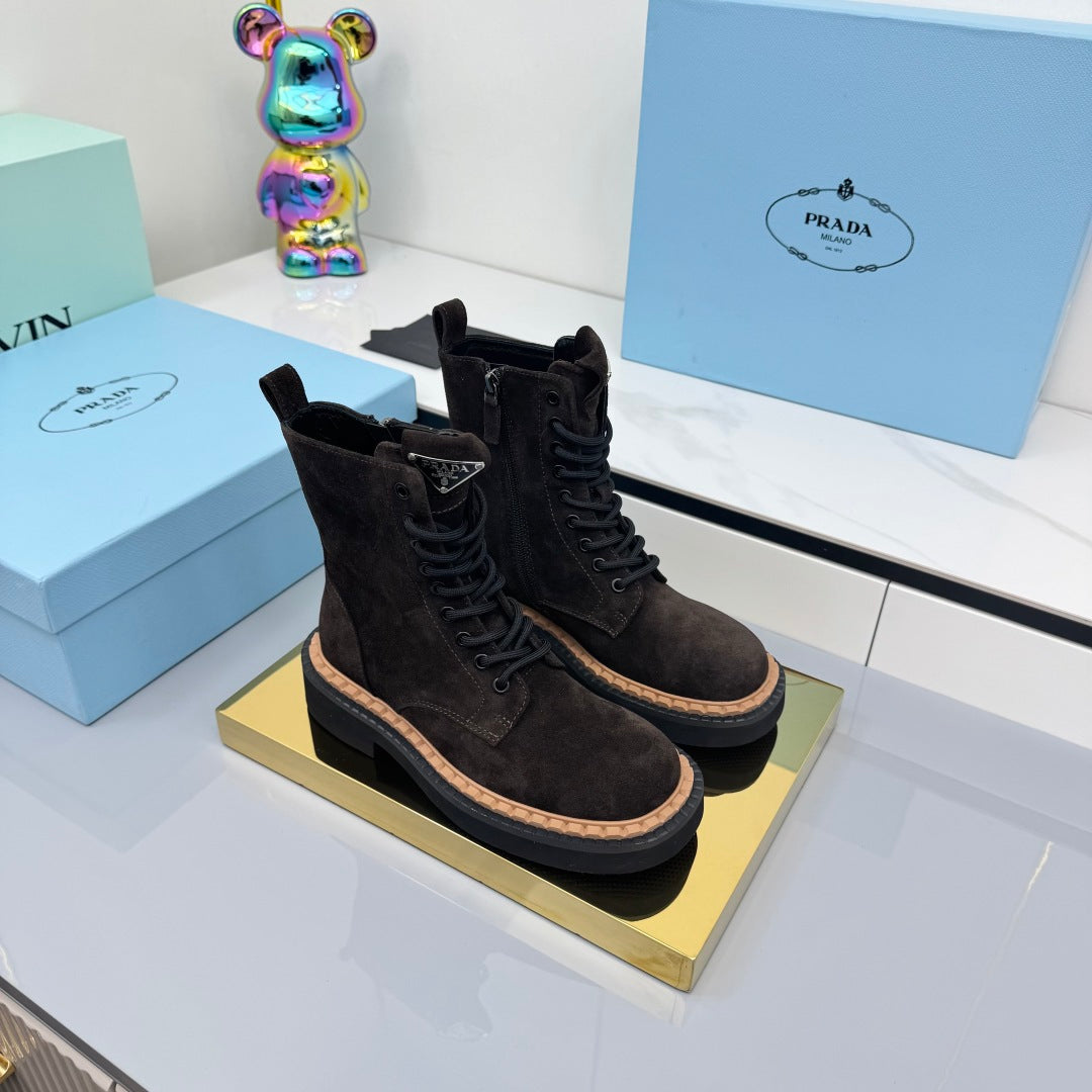 PRADA 25S LONG THICK SOLED MARTIN BOOTS 50MM IN DARK BROWN SUEDE - 35