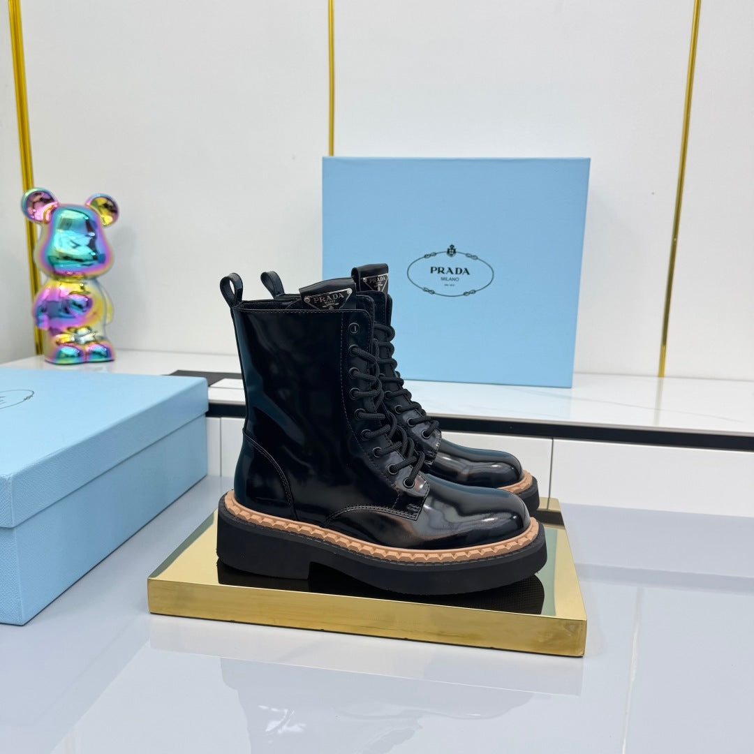 PRADA 25S LONG THICK SOLED MARTIN BOOTS 50MM IN BLACK GLOSSY CALFSKIN - 35