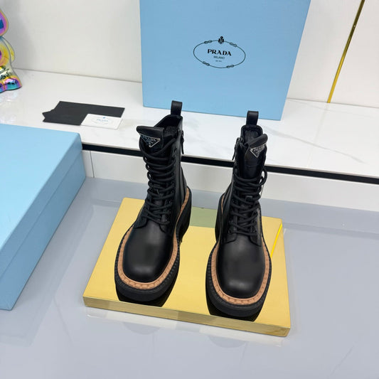 PRADA 25S LONG THICK SOLED MARTIN BOOTS 50MM IN BLACK CALFSKIN - 35