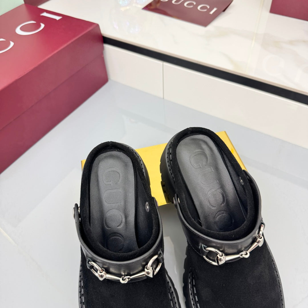 GG PLATFORM MULES 25S IN BLACK SUEDE - 35