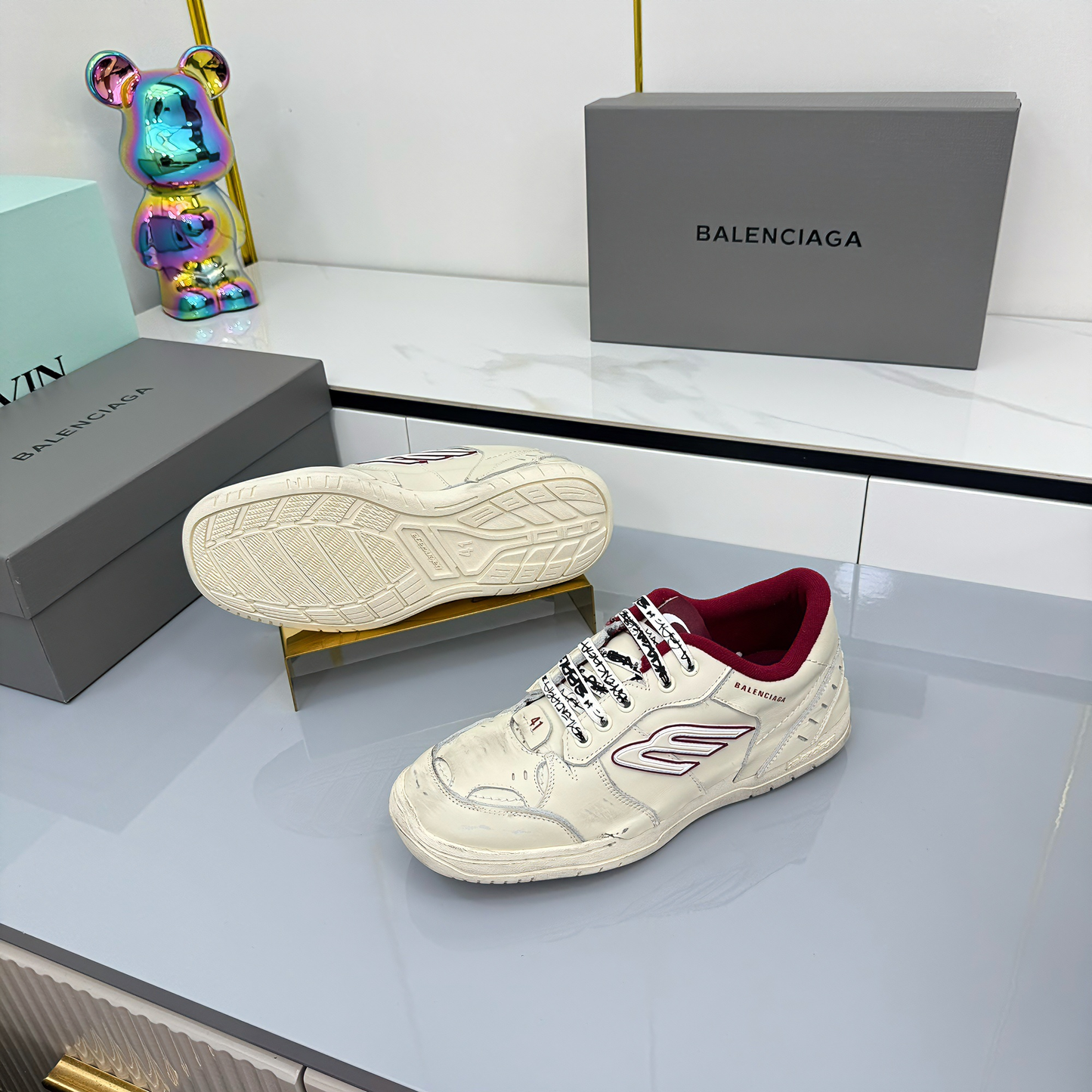 BALENCIAGA 25S SNEAKERS IN CREAM WHITE MIX RED LEATHER - 35