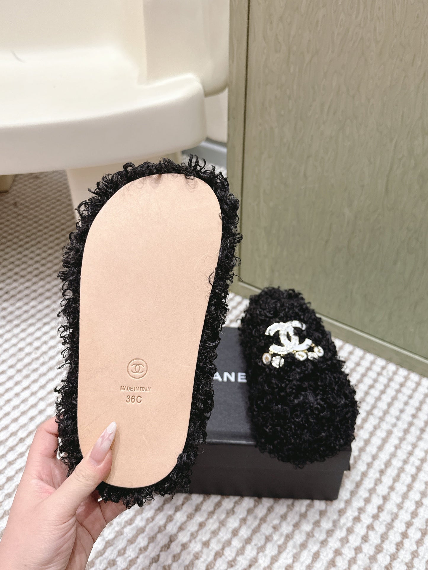 CHANEL 25S CLASSIC FURRY SLIDES IN BLACK WITH DOUBLE C LOGO - 35
