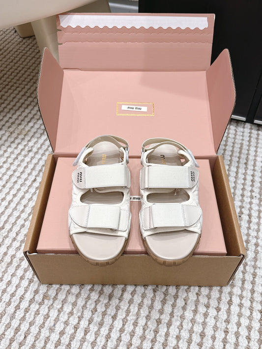 MIUMIU 26S VELCRO SANDALS IN CREAM WHITE CALFSKIN AND NYLON SILVER HARDWARE
