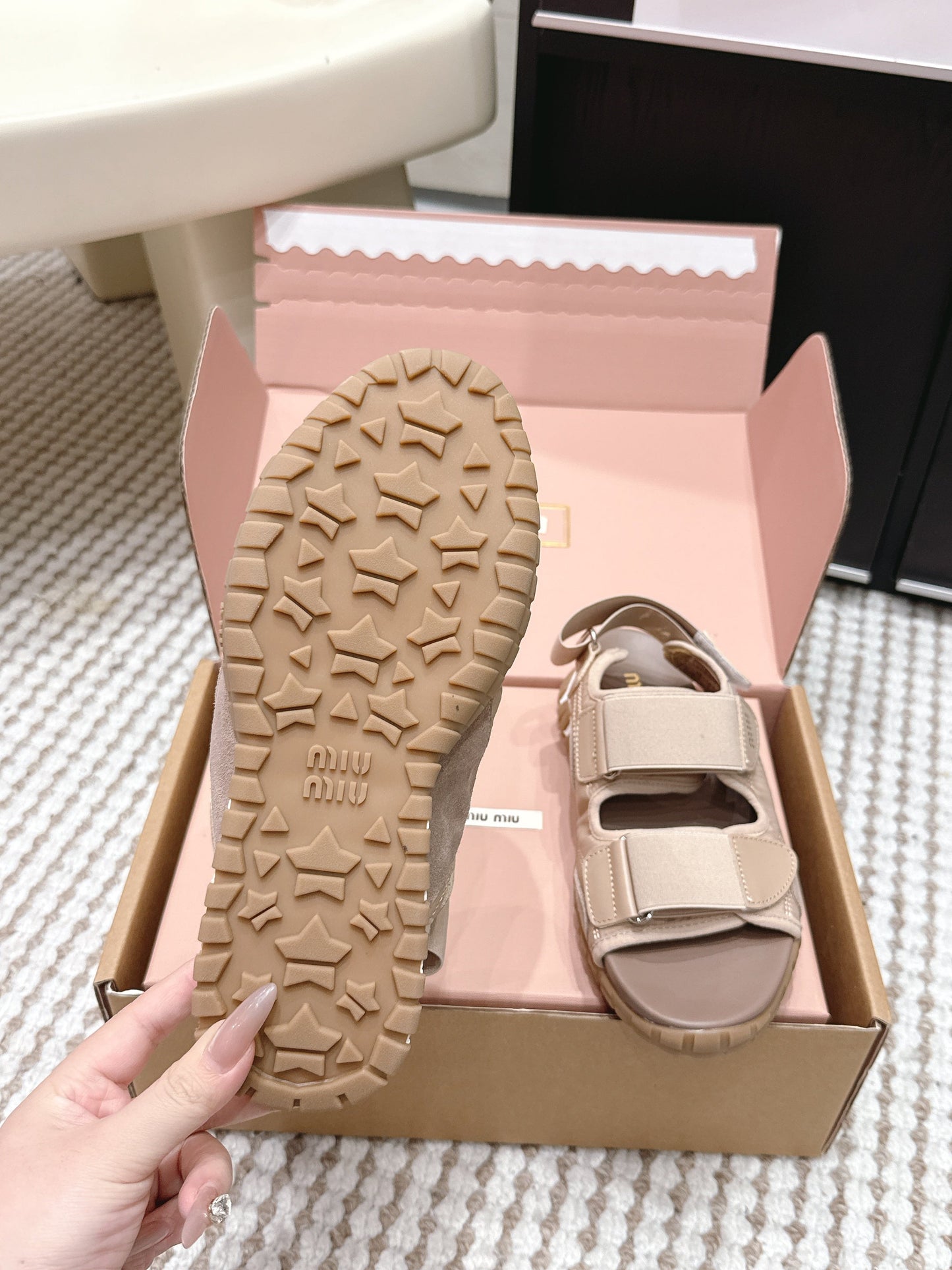 MIUMIU 26S VELCRO SANDALS IN LIGHT BROWN CALFSKIN AND NYLON SILVER HARDWARE