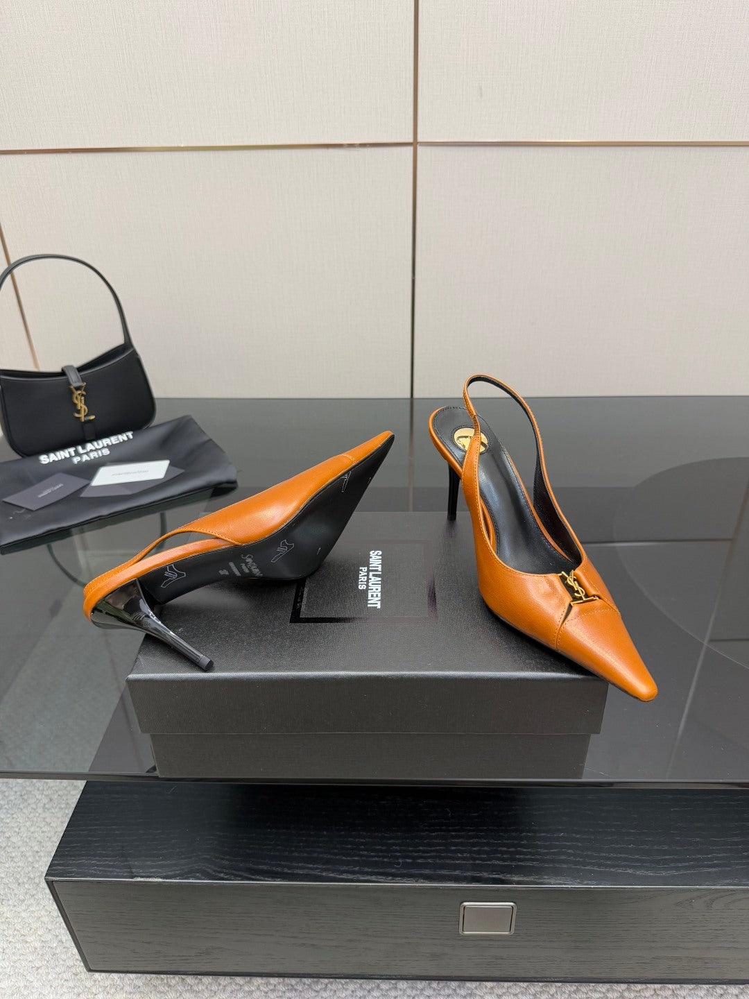 YSL 25S SLINGBACK HIGH HEELS 90 MM IN DARK ORANGE LAMBSKIN WITH GOLD HARDWARE STYLE 13 - 35