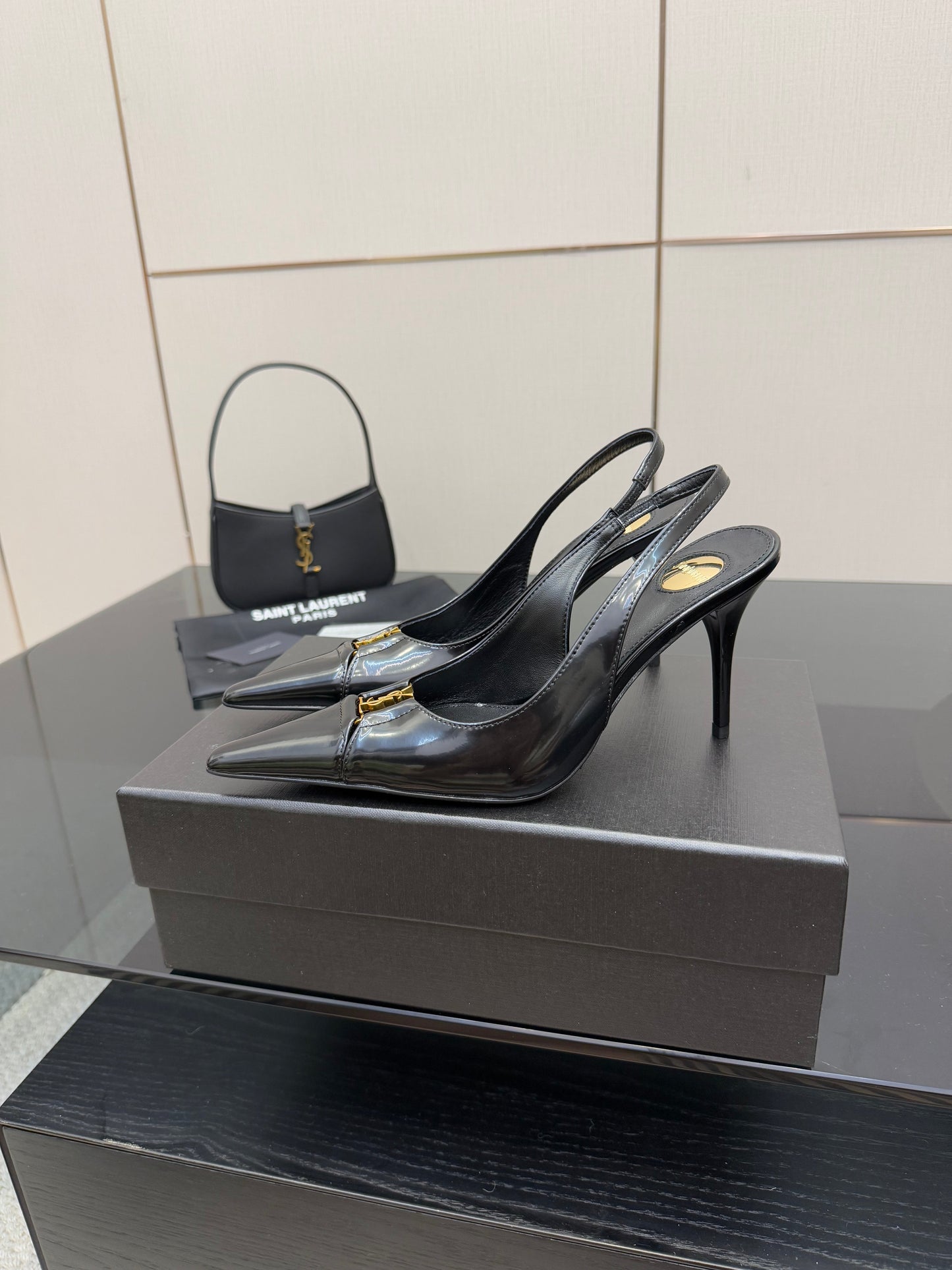 YSL 25S SLINGBACK HIGH HEELS 90 MM IN BLACK LAMBSKIN WITH GOLD HARDWARE STYLE 8 - 35