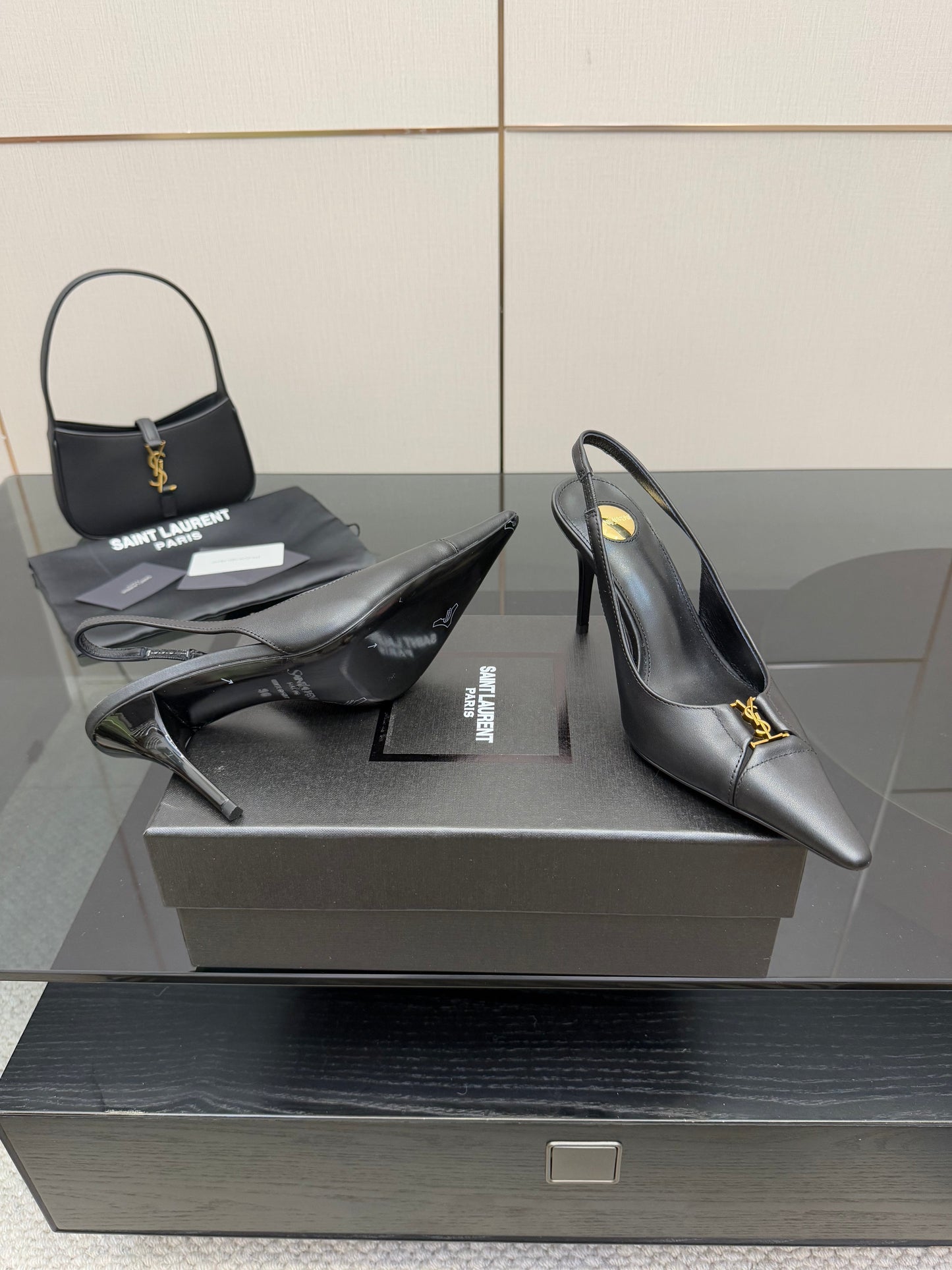 YSL 25S SLINGBACK HIGH HEELS 90 MM IN BLACK SMOOTH LAMBSKIN WITH GOLD HARDWARE STYLE 3 - 35