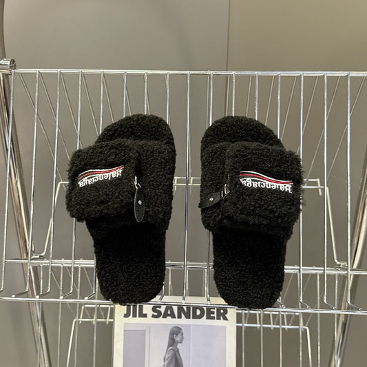BALENCIAGA 25S SLIPPERS IN BLACK FAUX SHEARLING - 35