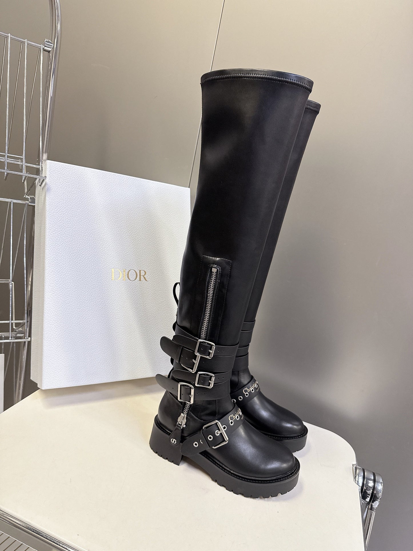 DIOR D-FIGHT BOOT 25S IN BLACK CALFSKIN WITH SILVER HARDWARE - 35