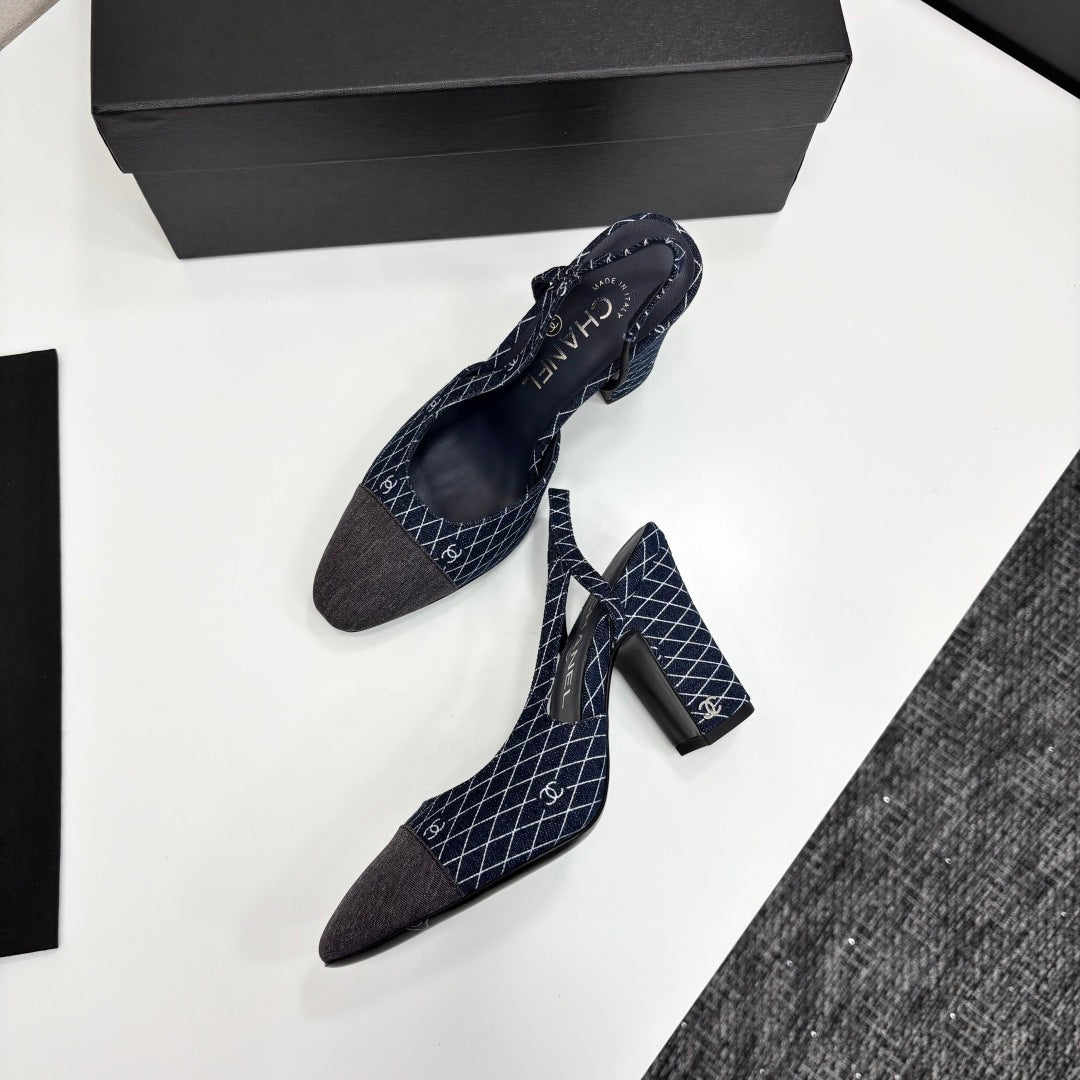 CC SLINGBACK 25S 90 MM IN NAVY BLUE DENIM WITH PLAID PATTERN - 34