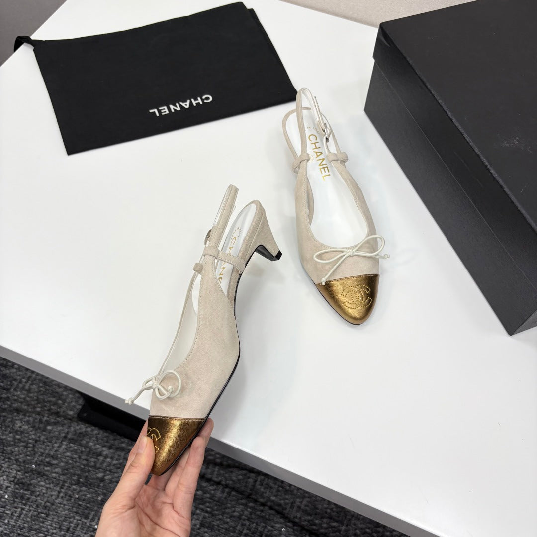 CC SLINGBACK 25S IN DUSTY BEIGE SUEDE AND GOLDEN BROWN LAMBSKIN WITH BOW - 35