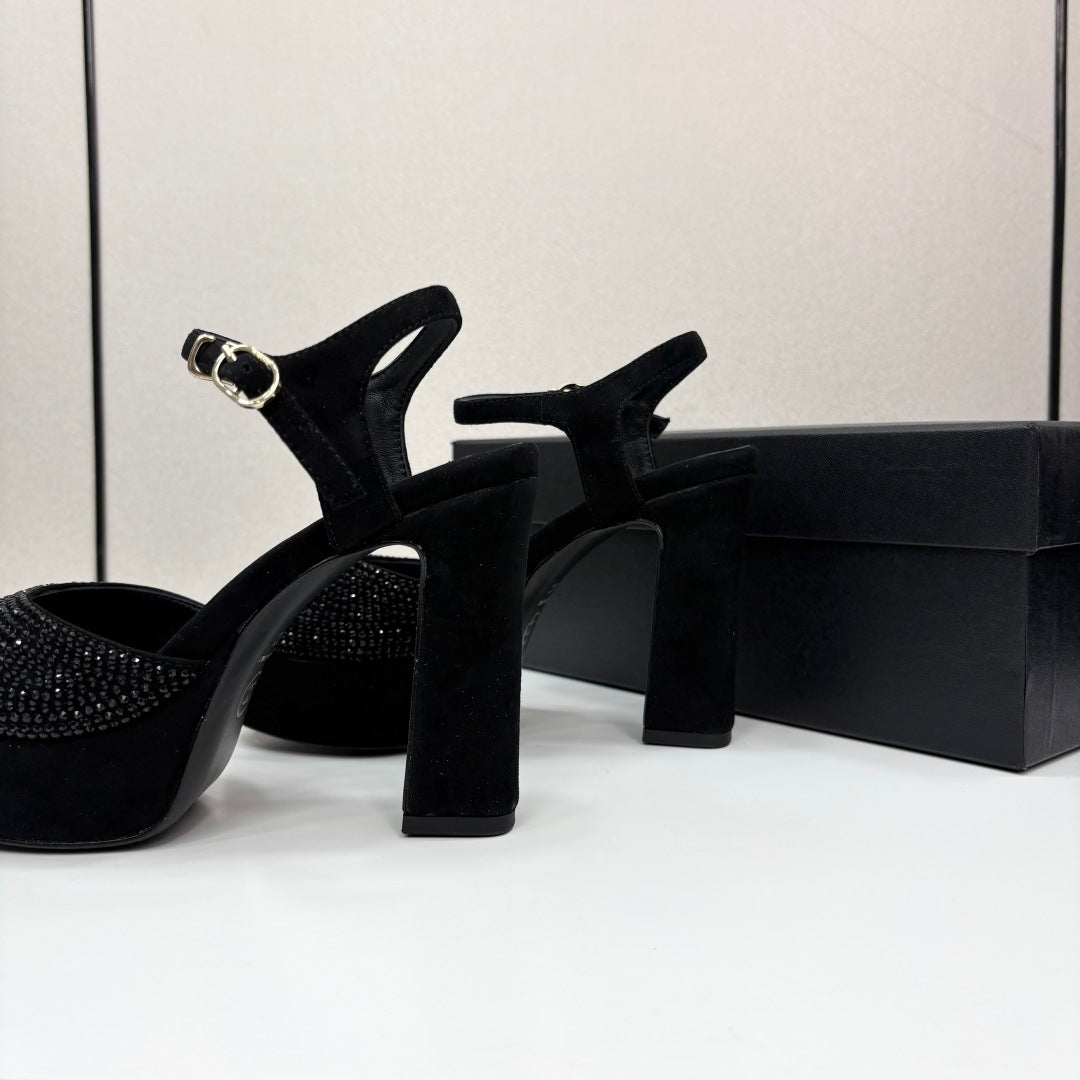 CC HEEL SANDAL 25S IN BLACK SUEDE WITH CRYSTAL - 35