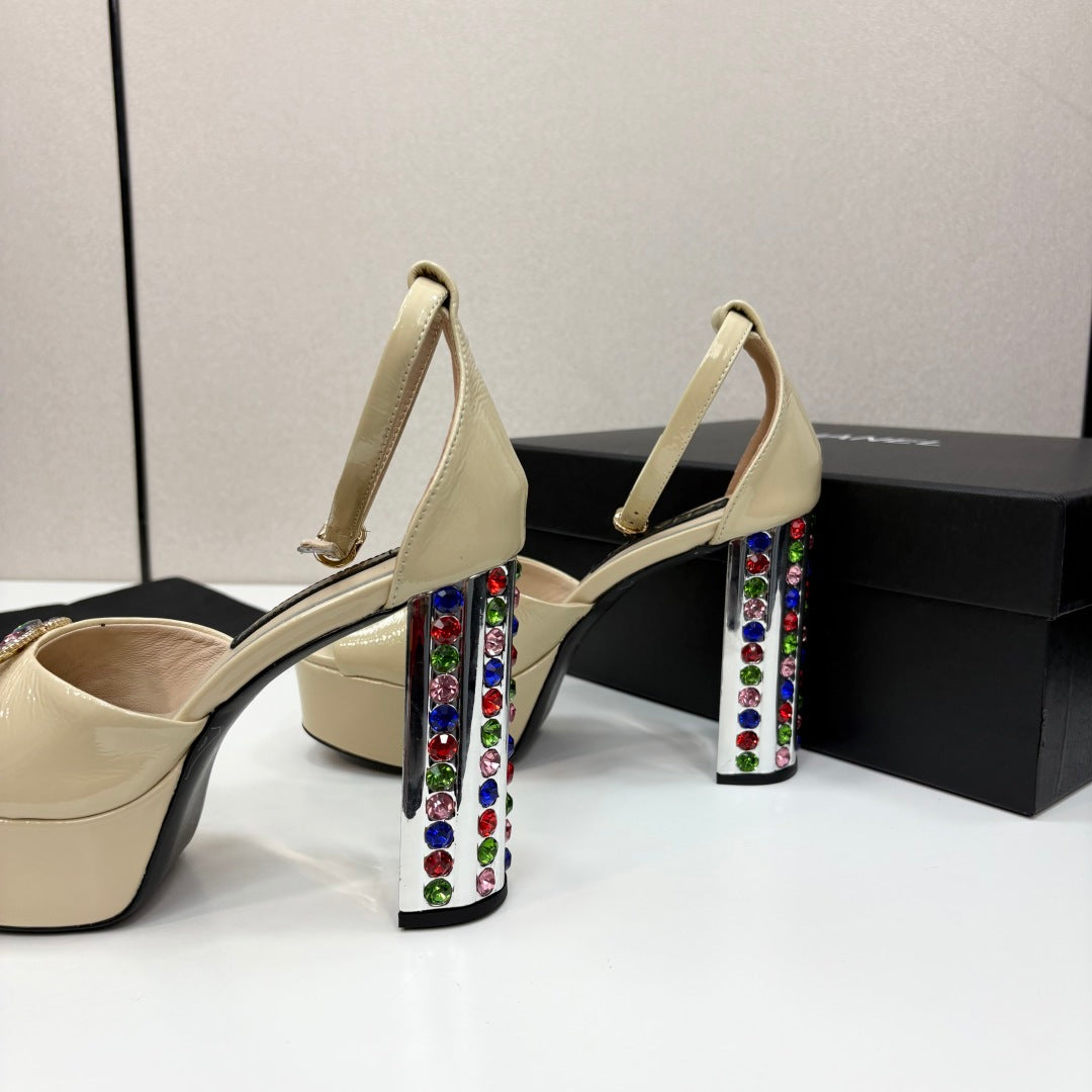 CC HIGH SANDAL 25S 110 MM IN LIGHT BEIGE CALFSKIN WITH MULTICOLOR STONES - 35