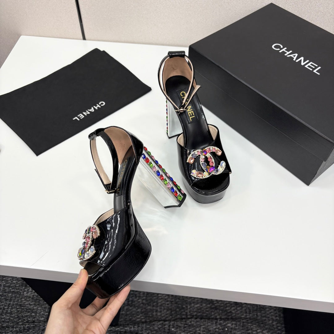 CC HIGH SANDAL 25S 110 MM IN BLACK CALFSKIN WITH MULTICOLOR STONES - 35