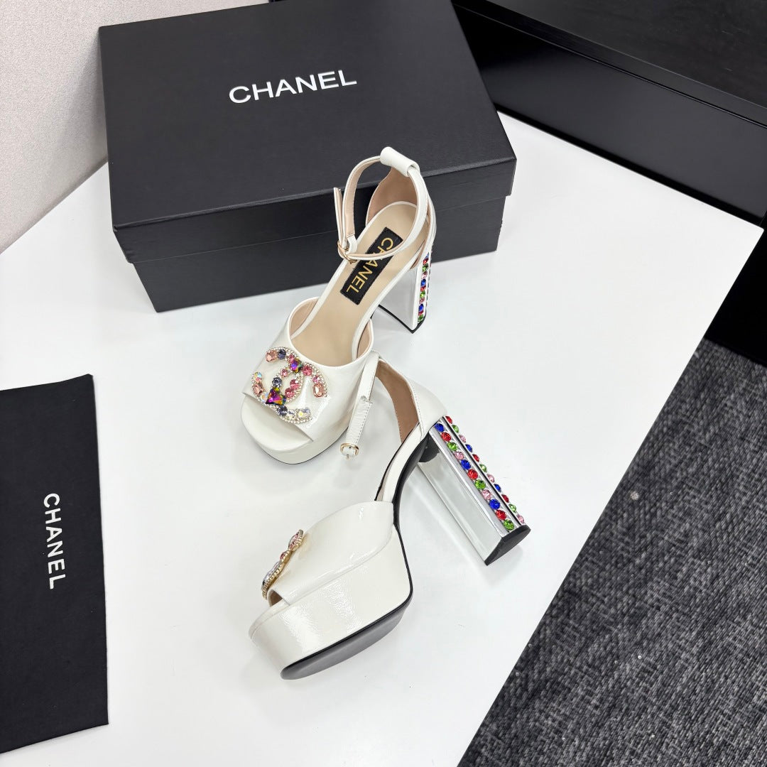 CC HIGH SANDAL 25S 110 MM IN CREAM WHITE CALFSKIN WITH MULTICOLOR STONES - 35