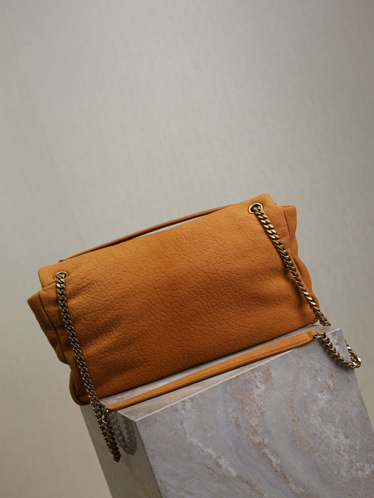 YSL 25S CALYPSO GM 38 ЗЕРНИСТА ТЕЛЯЧА ШКІРА КОЛЬОРУ ПАЛЕНОГО ПОМАРАНЧА, ЗОЛОТА ФУРНІТУРА