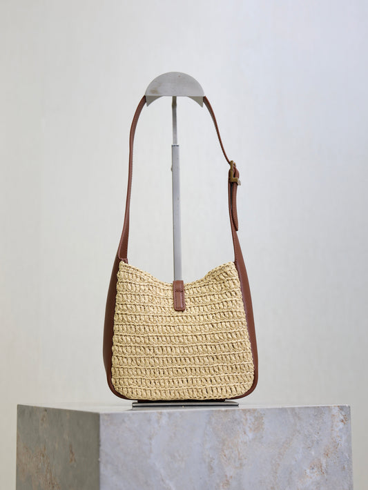 YSL 25S LE 5 À 7 SUPPLE BABY 16 IN RAFFIA AND CALFSKIN GOLD HARDWARE