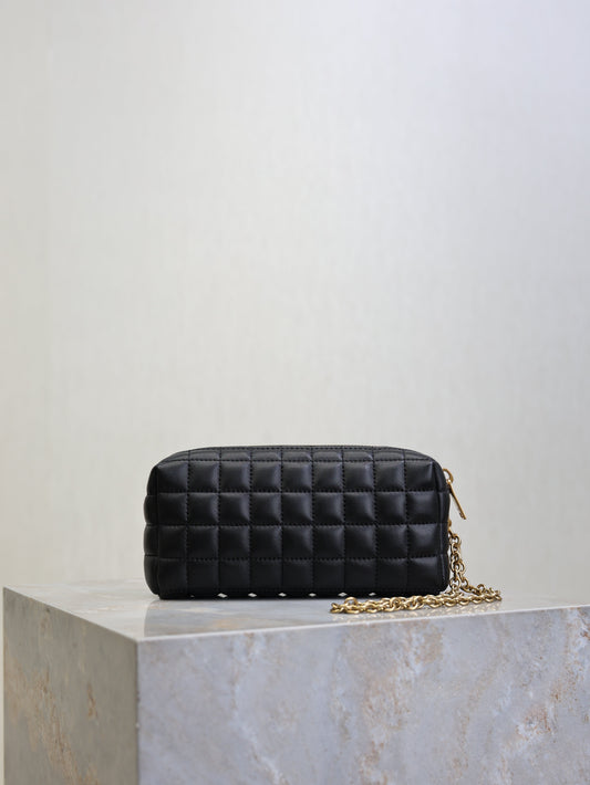 YSL 25S CASSANDRE MATELASSÉ CARRÉ POUCH ON CHAIN 18 IN BLACK LAMBSKIN