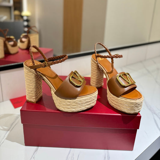 VLTN ESPADRILLE WEDGE SANDALS 25S 115 MM IN BROWN LAMBSKIN WITH GOLD HARDWARE - 35