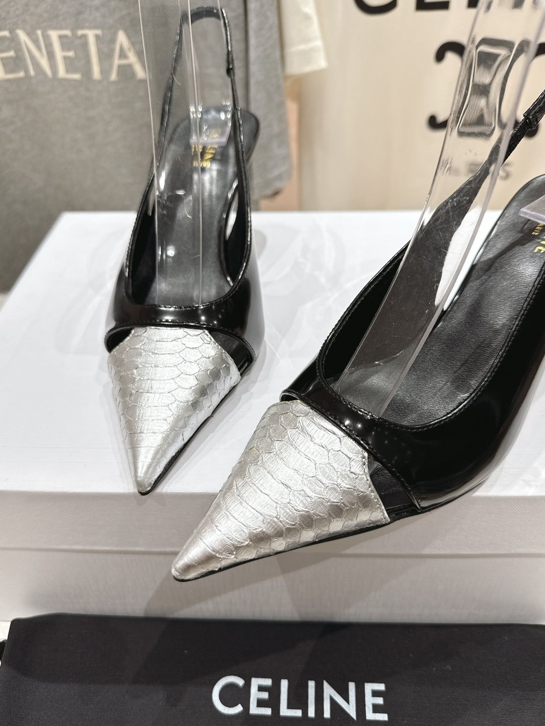 JUDY CAP TOE SLINGBACK 65MM IN BLACK SHINY CALFSKIN AND SILVER SNAKE EMBOSSED LEATHER - 34