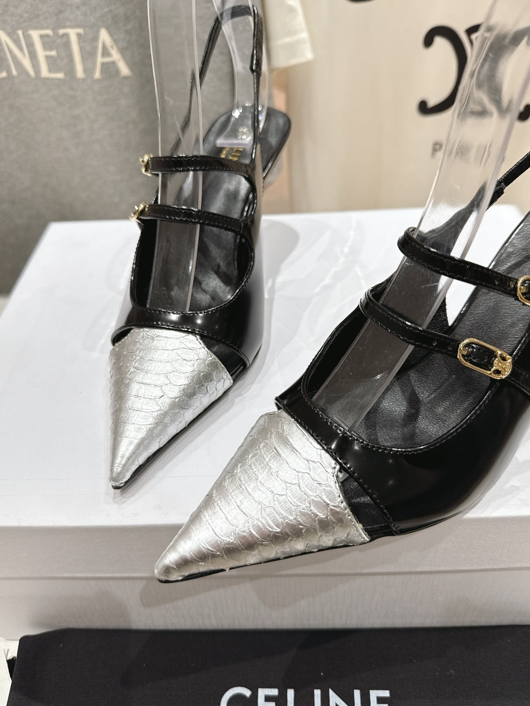 JUDY DOUBLE STRAP MARY JANE SLINGBACK 65MM IN BLACK SHINY CALFSKIN AND SILVER SNAKE EMBOSSED LEATHER - 34