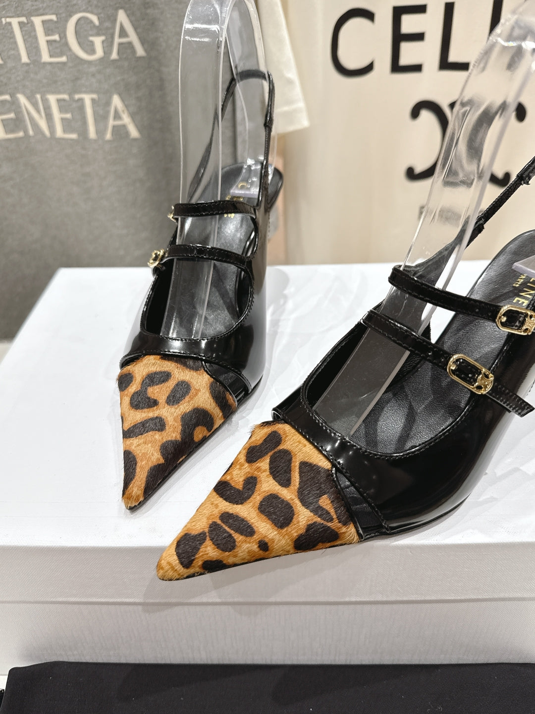 JUDY DOUBLE STRAP MARY JANE SLINGBACK 65MM IN BLACK PATENT CALFSKIN AND LEOPARD PRINTED HAIRY CALFSKIN - 34