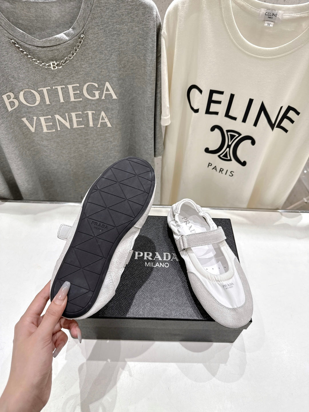 PRADA 25S COLLAPSE RE NYLON AND SUEDE BALLERINAS IN LIGHT GRAY AND CREAM - 35