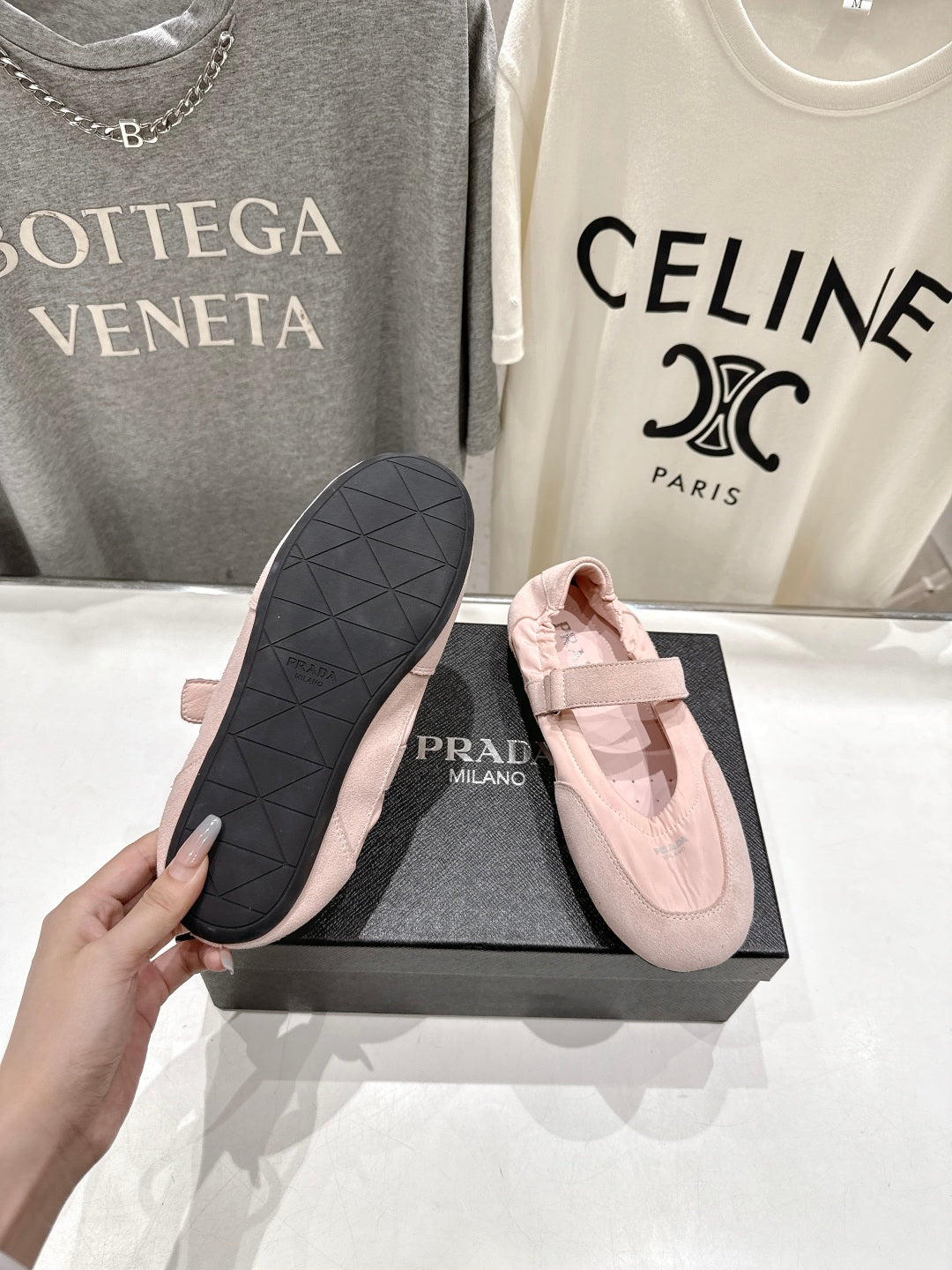 PRADA 25S COLLAPSE RE NYLON AND SUEDE BALLERINAS IN BABY PINK - 35