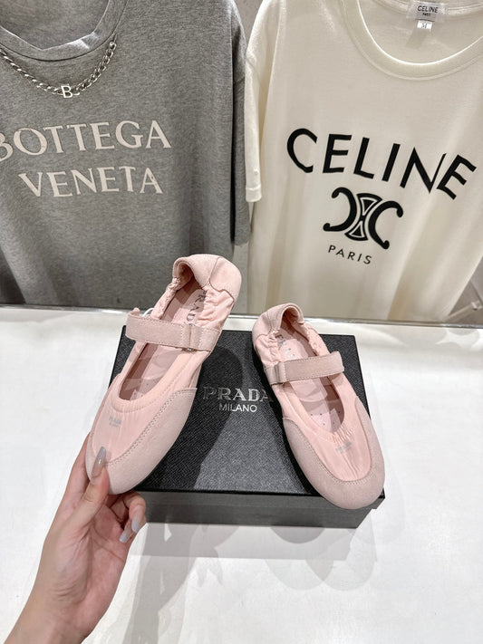 PRADA 25S COLLAPSE RE NYLON AND SUEDE BALLERINAS IN BABY PINK - 35
