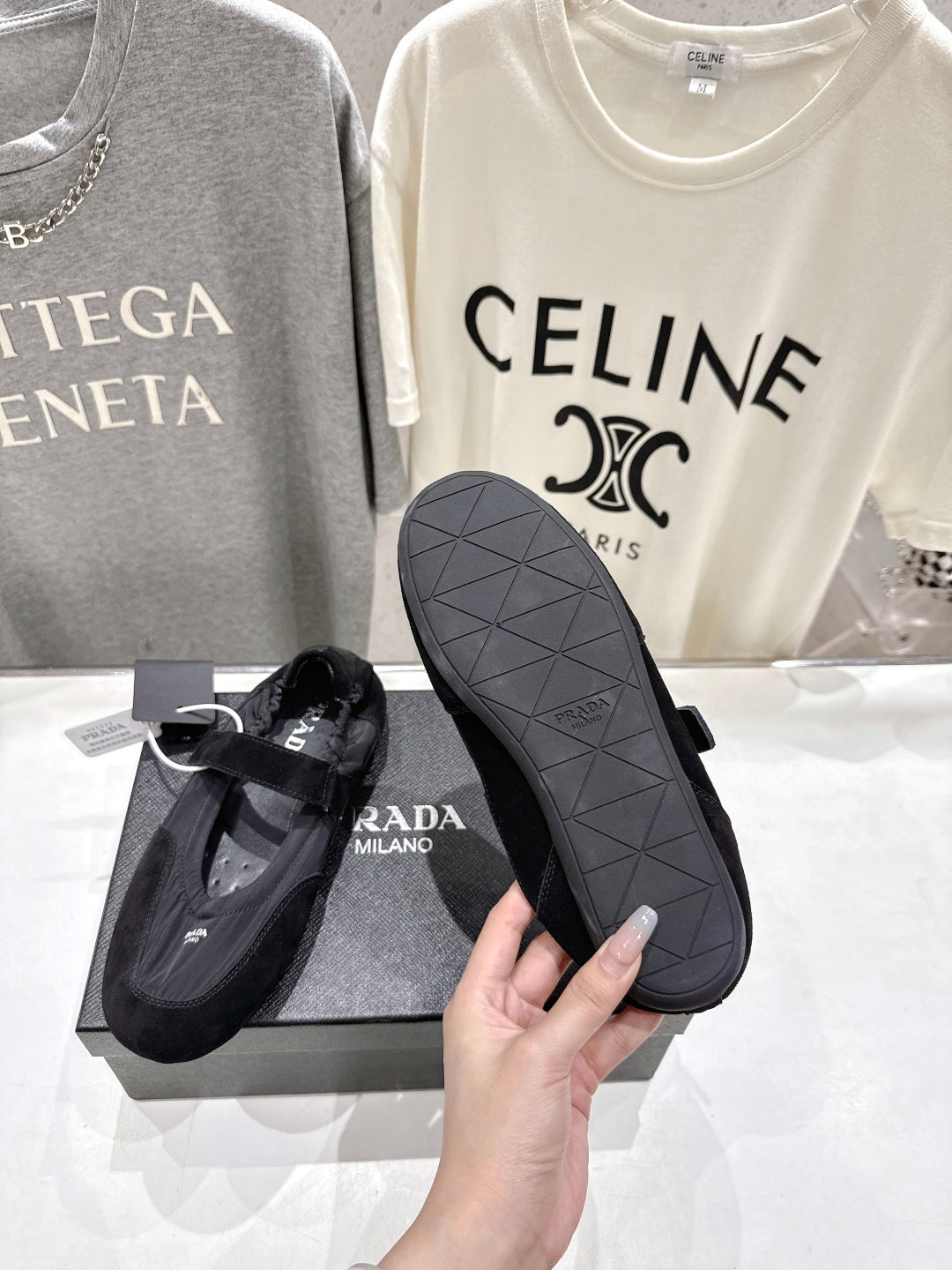 PRADA 25S COLLAPSE RE NYLON AND SUEDE BALLERINAS IN BLACK - 35
