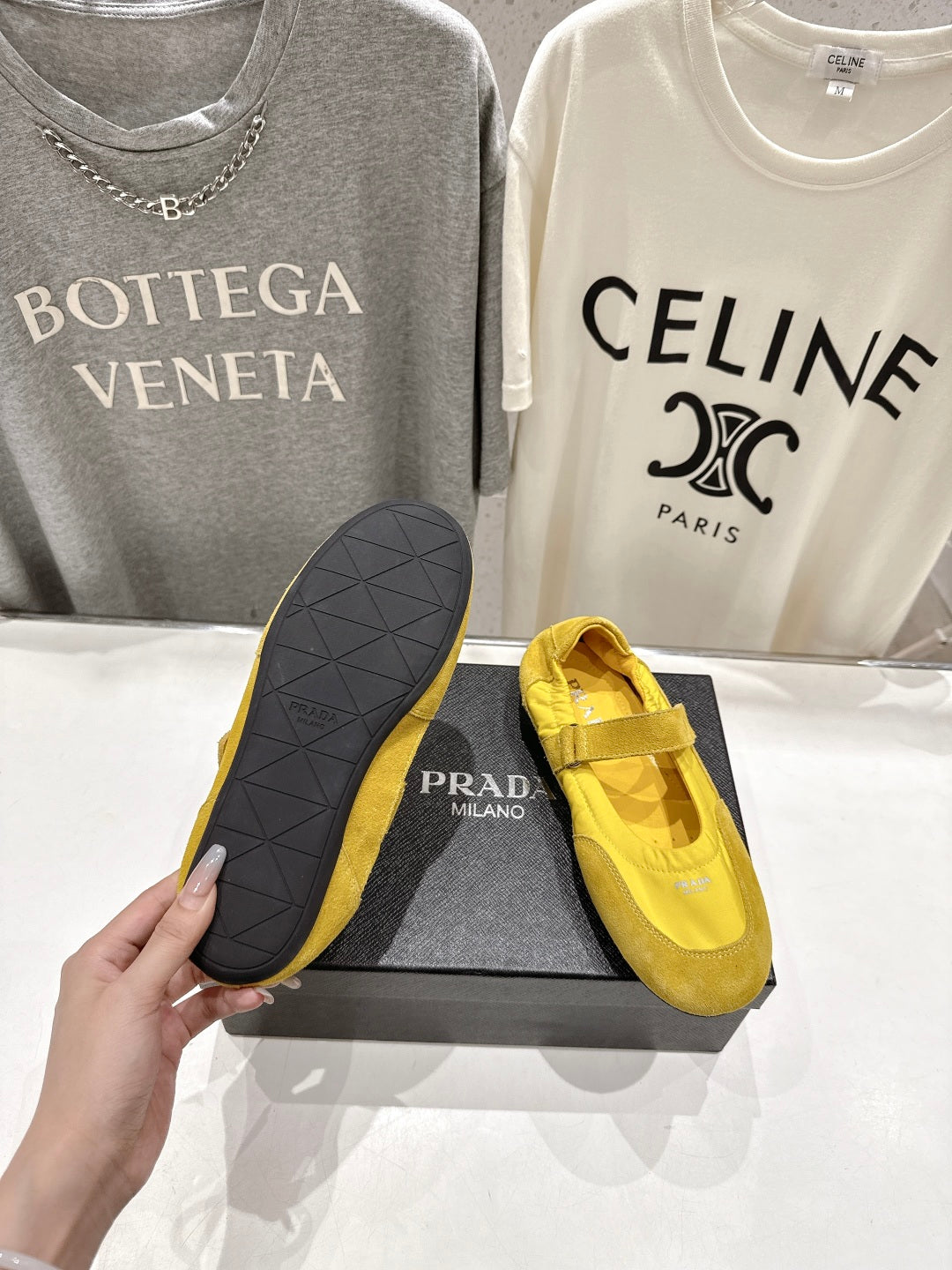 PRADA 25S COLLAPSE RE NYLON AND SUEDE BALLERINAS IN LEMON YELLOW - 35