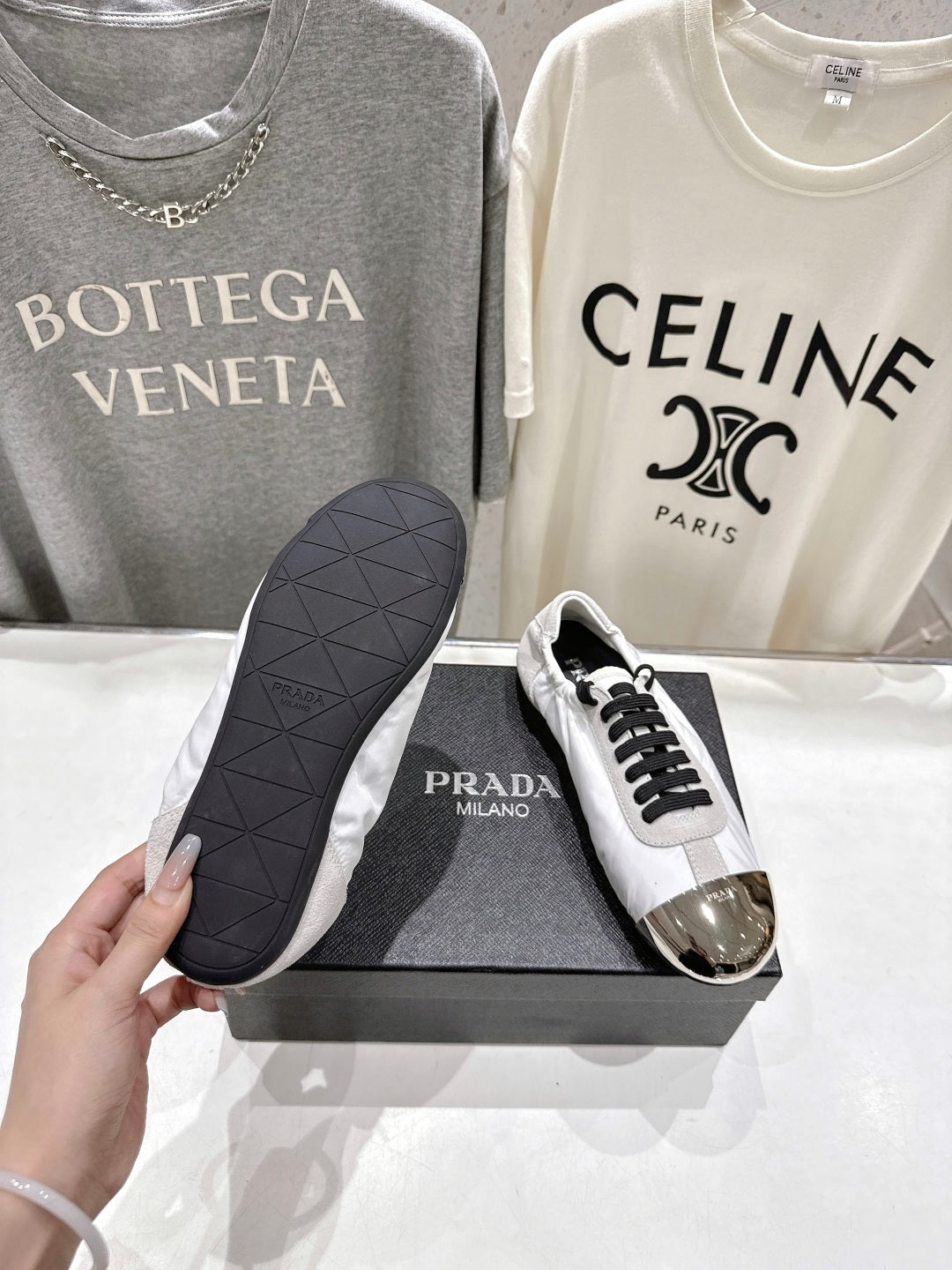 PRADA 25S COLLAPSE RE NYLON AND SUEDE SNEAKERS IN WHITE WITH METAL TOECAP - 35
