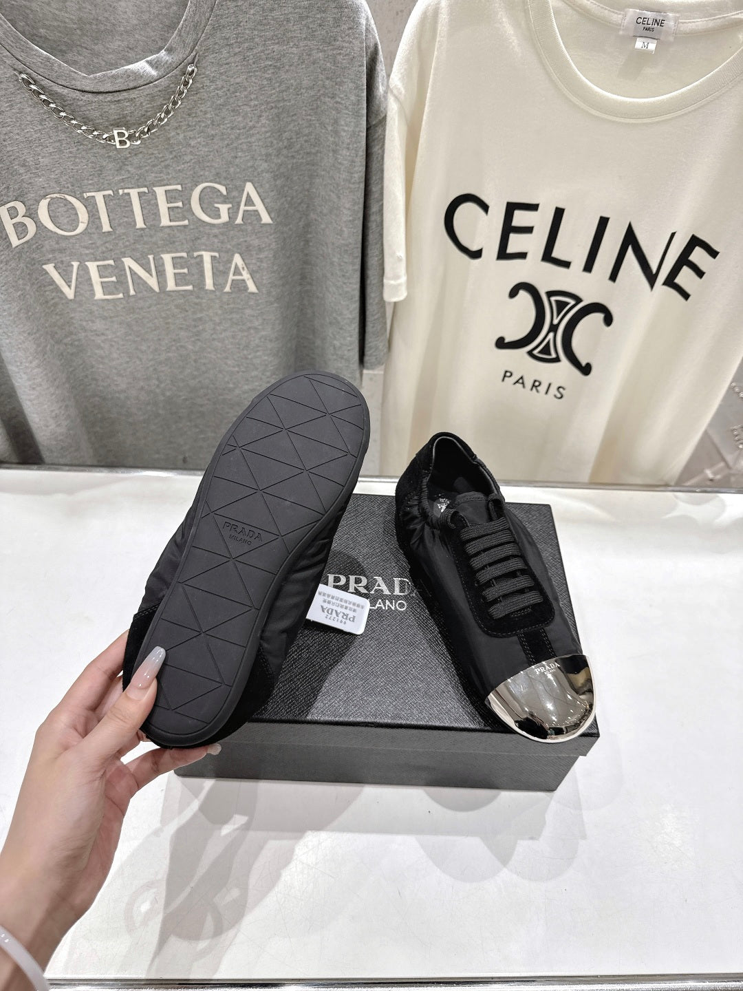 PRADA 25S COLLAPSE RE NYLON AND SUEDE SNEAKERS IN BLACK WITH METAL TOECAP - 35