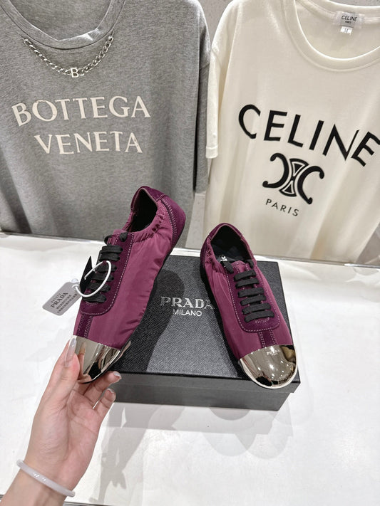 PRADA 25S COLLAPSE RE NYLON AND SUEDE SNEAKERS IN PLUM WITH METAL TOECAP - 35