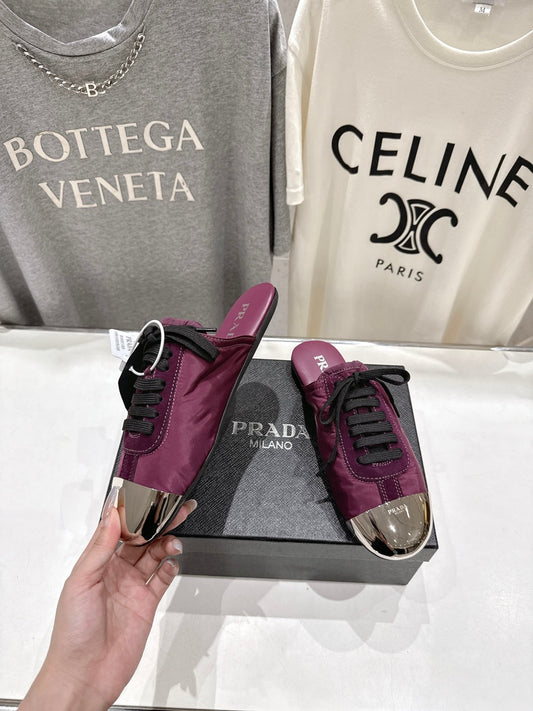 PRADA 25S MULES IN PLUM WITH METAL TOECAP - 35