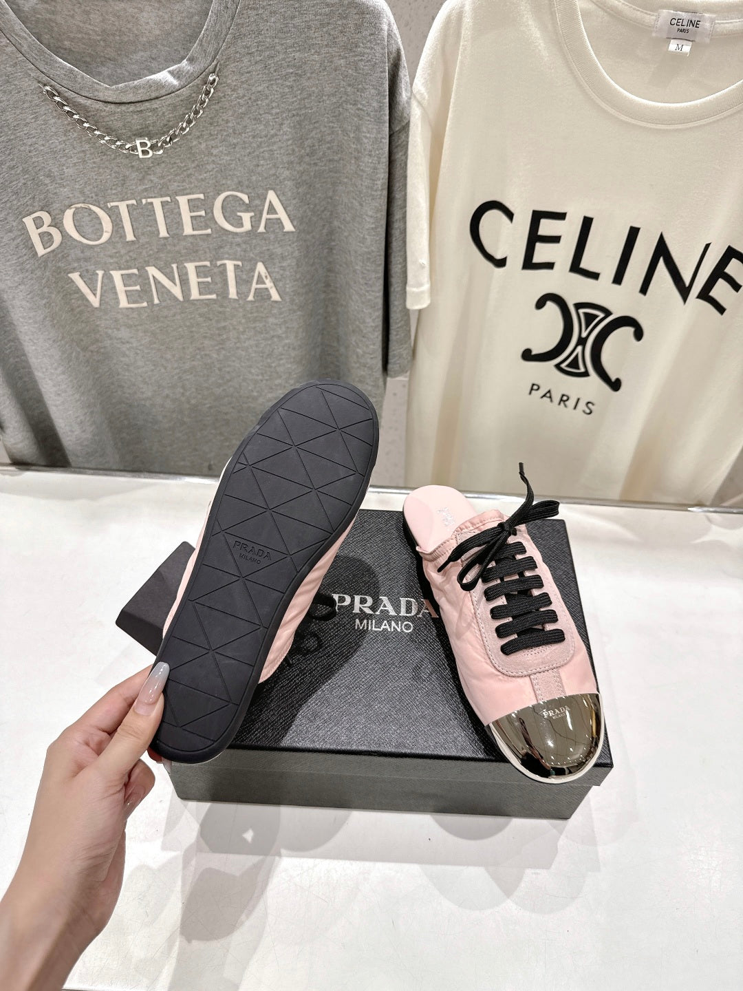PRADA 25S MULES IN LIGHT PINK WITH METAL TOECAP - 35