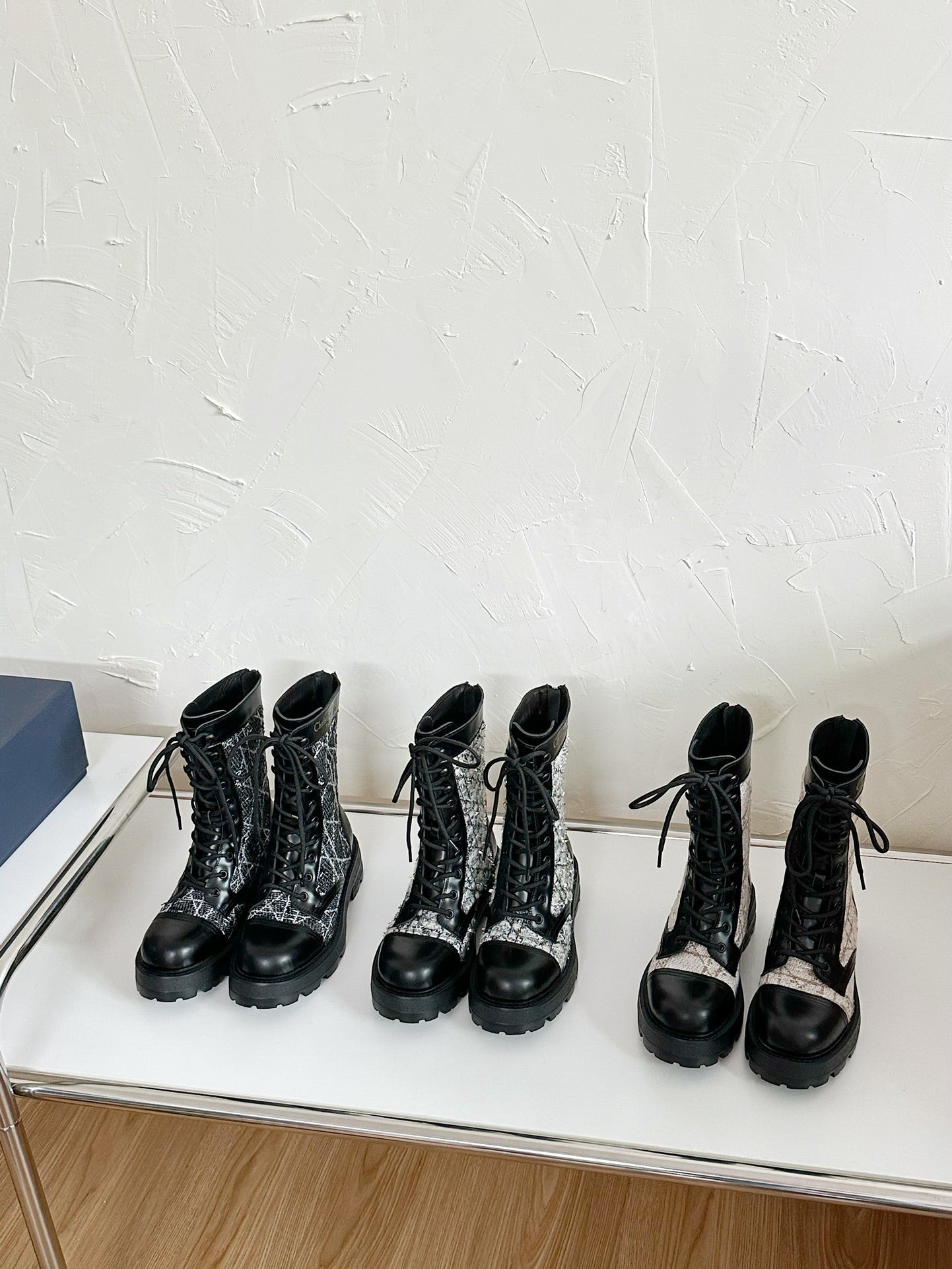 D-UNIT ANKLE BOOT BLACK CALFSKIN WITH WHITE AND BLACK CANNAGE TWEED - 35