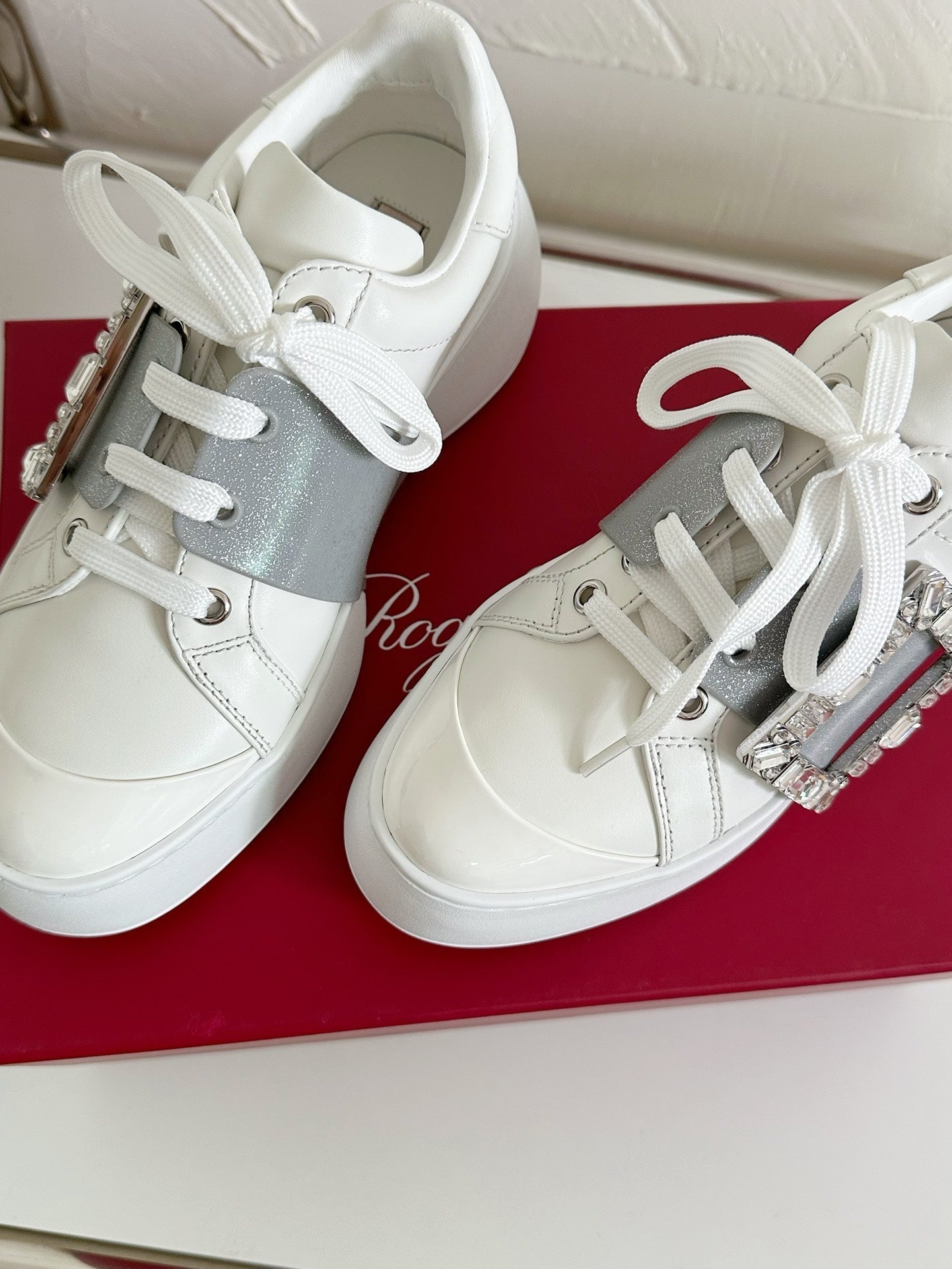 VIV' SKATE SNEAKERS IN WHITE CALFSKIN SILVER GLITTER STRAP AND CRYSTAL BUCKLE - 35