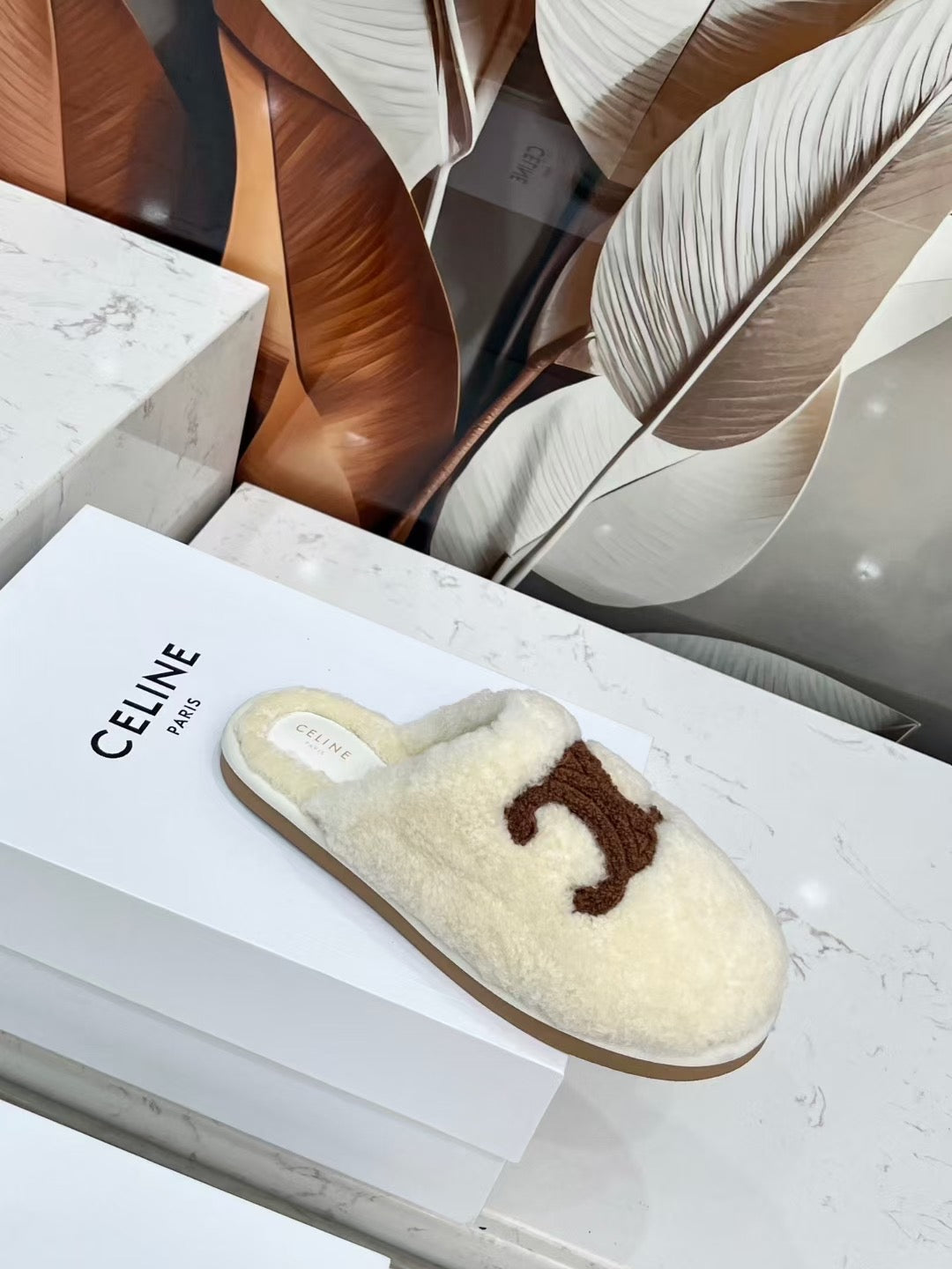 CELINE 25S GEORGIA SLIDE IN SHEARLING IN IVORY - 35