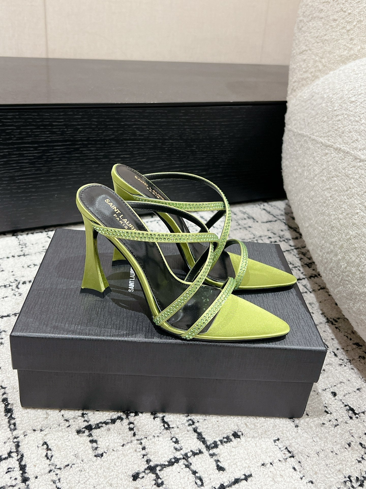 HIGH CRYSTAL STRAP SANDALS IN PEAR GREEN SILK - 34