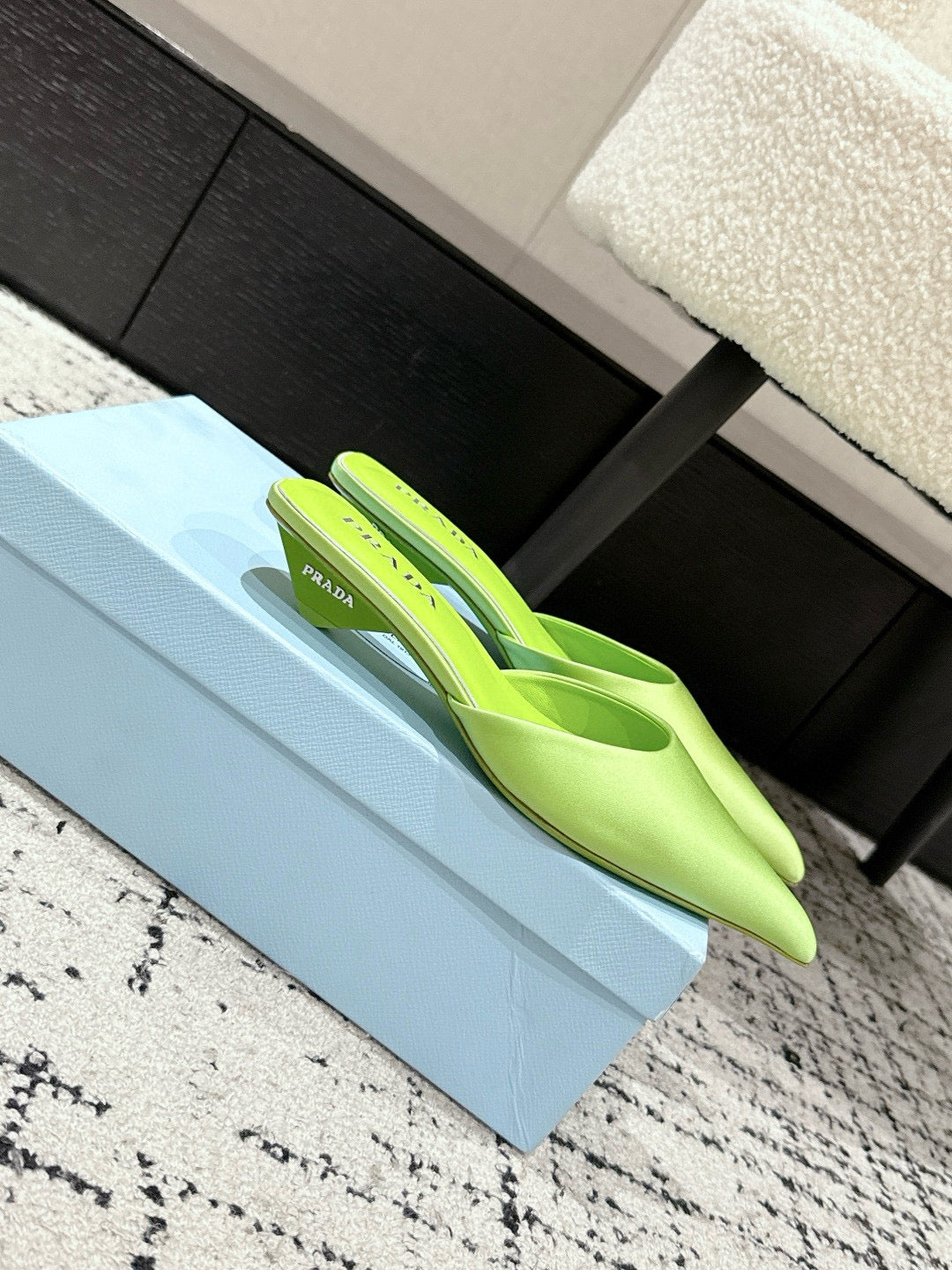 PRADA 25S POINTED-TOE MULES IN LIME GREEN SATIN - 35